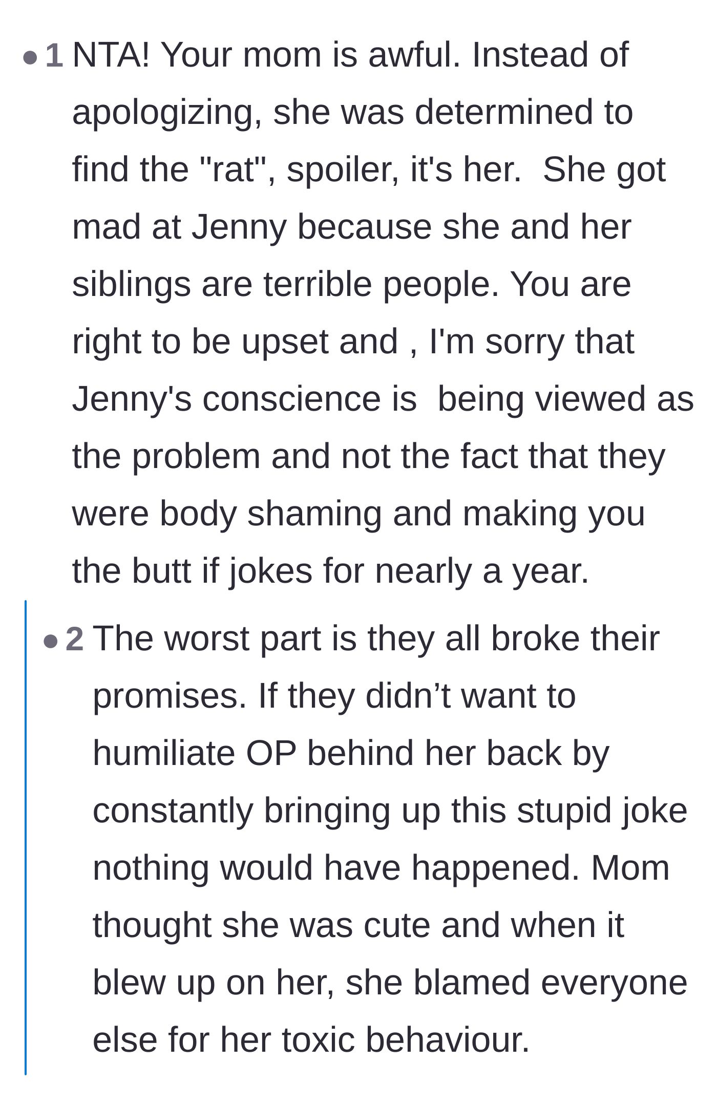 Comment thread 2 - A discussion about the mother acting like a bully and unfairly scapegoating Jenny's guilty conscience.