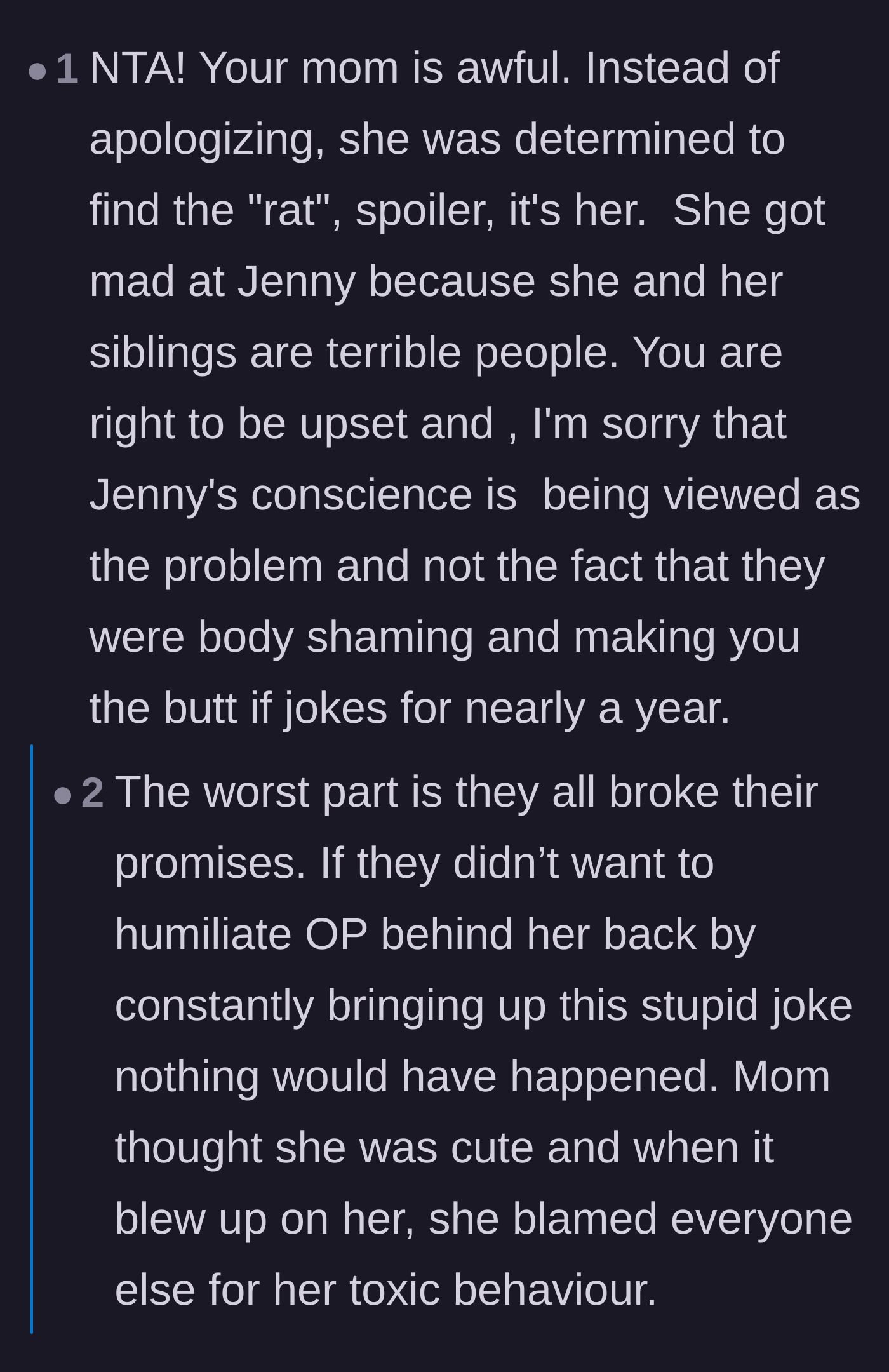 Comment thread 2 - A discussion about the mother acting like a bully and unfairly scapegoating Jenny's guilty conscience.