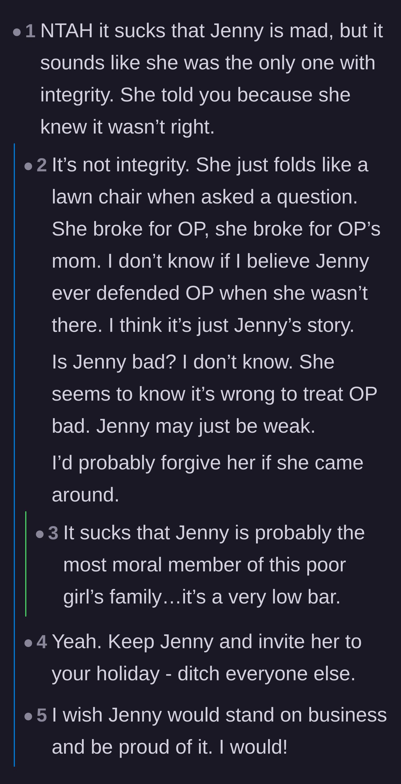 Comment thread 5 - Readers argue over cousin Jenny's true character and whether she acted out of integrity or just pure panic.