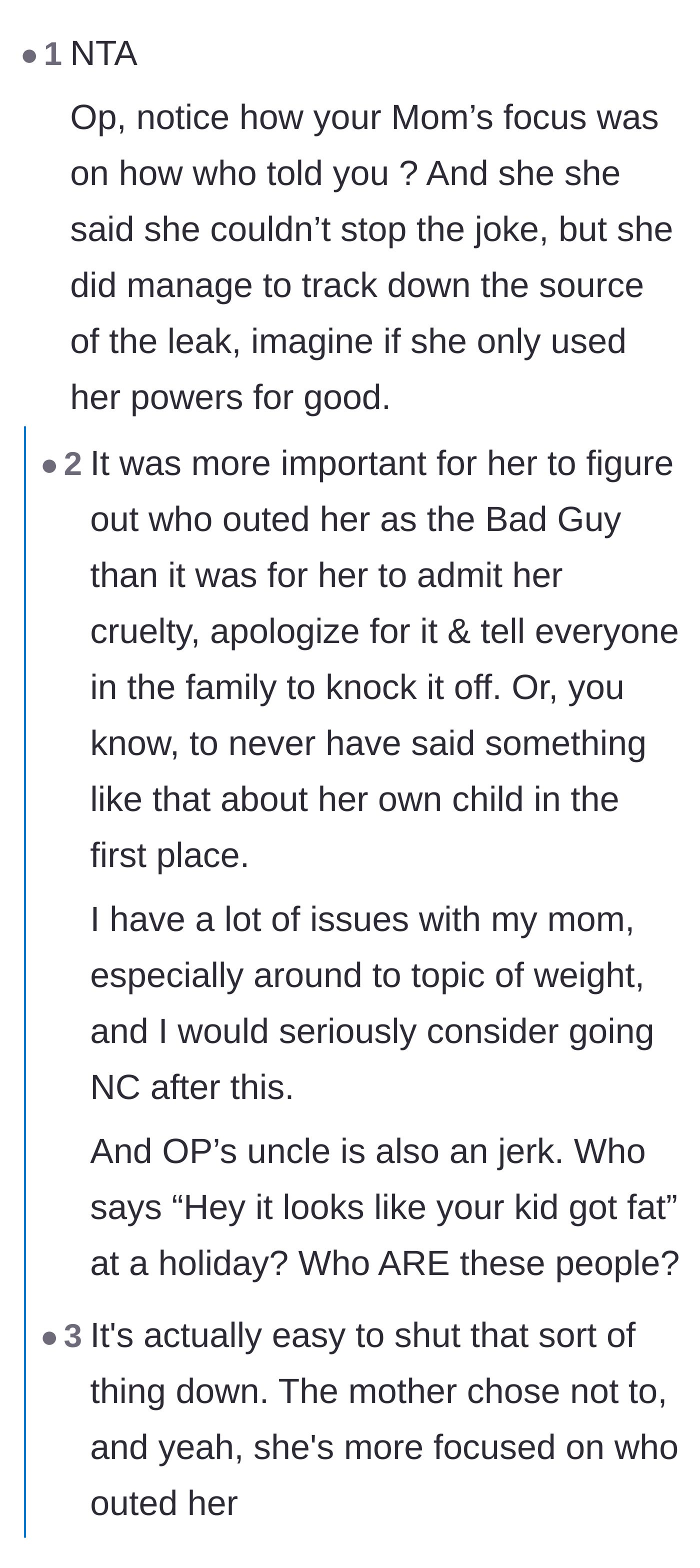 Comment thread 6 - Commenters highlight the hypocrisy of the mother claiming she couldn't stop the joke while simultaneously tracking down the leak.