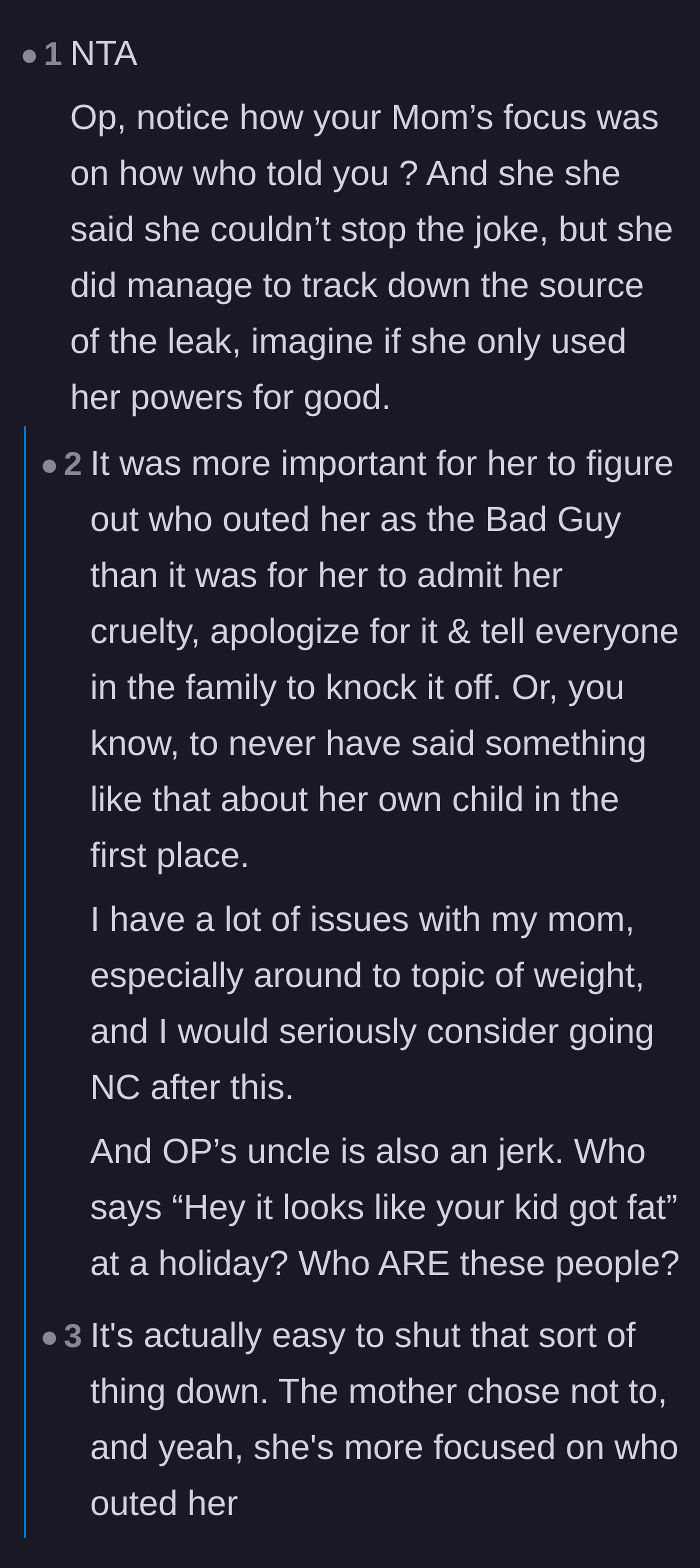 Comment thread 6 - Commenters highlight the hypocrisy of the mother claiming she couldn't stop the joke while simultaneously tracking down the leak.
