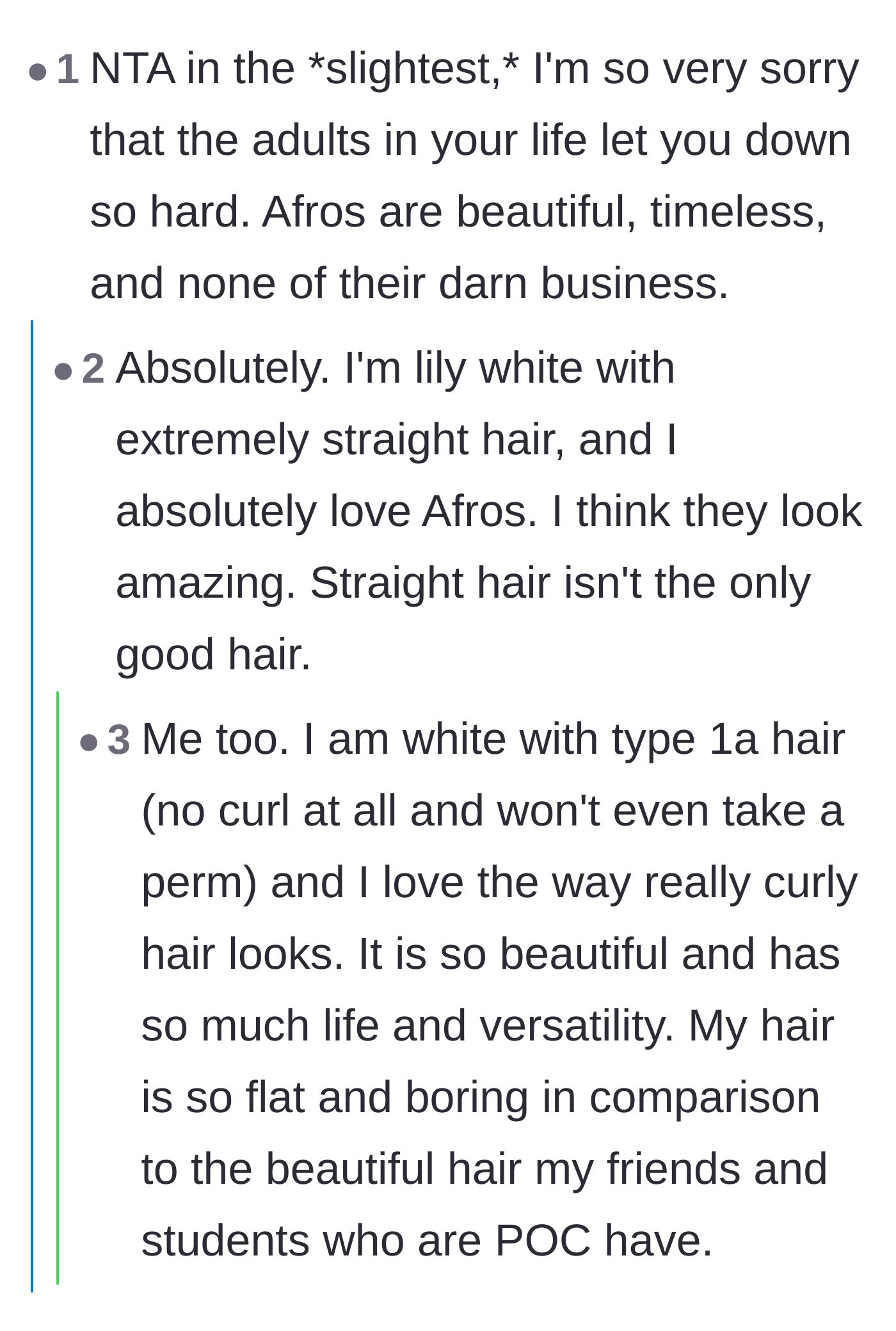 Comment thread 1 - Readers expressing profound sorrow for the teen while praising the breathtaking beauty and versatility of natural afro hair.