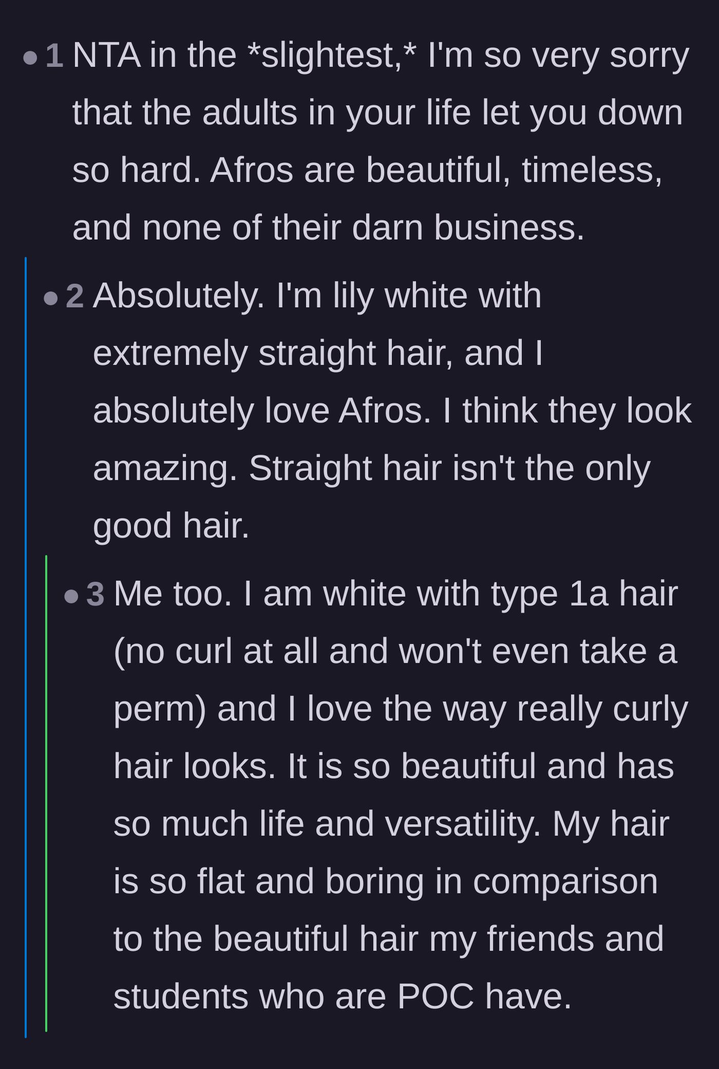 Comment thread 1 - Readers expressing profound sorrow for the teen while praising the breathtaking beauty and versatility of natural afro hair.