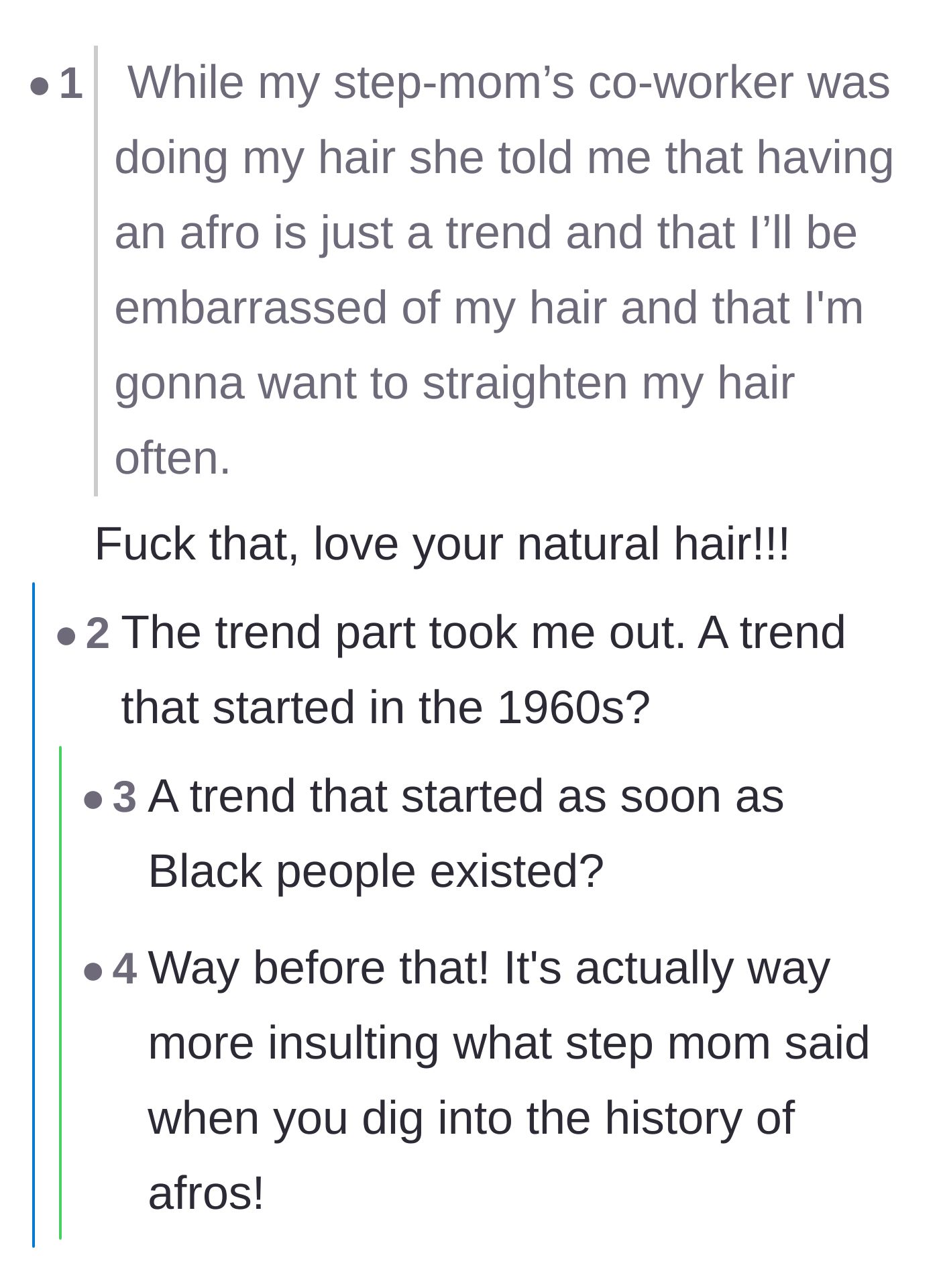 Comment thread 2 - A discussion calling out the sheer cruelty and historical ignorance of labeling natural Black hair as a passing 'trend.'