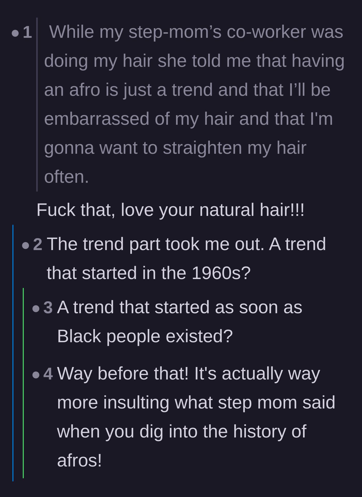 Comment thread 2 - A discussion calling out the sheer cruelty and historical ignorance of labeling natural Black hair as a passing 'trend.'