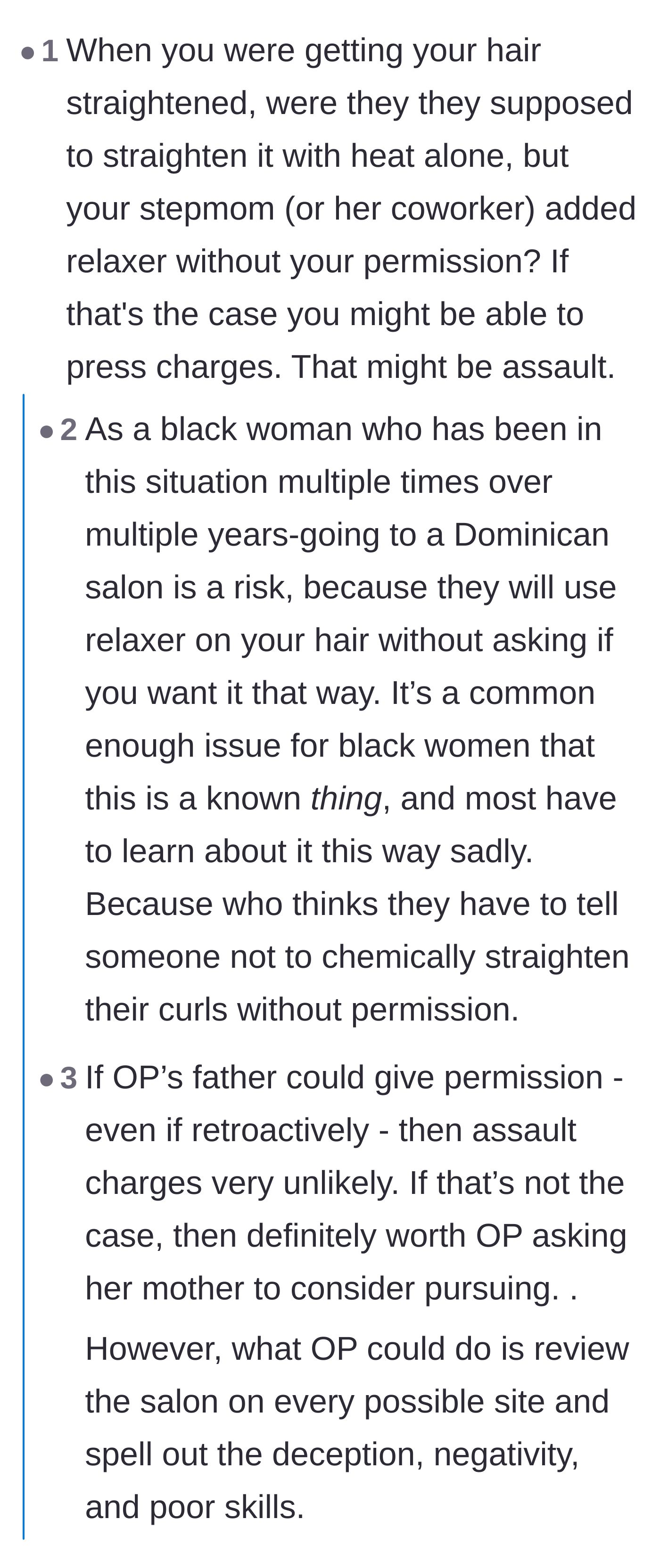 Comment thread 3 - Women of color sharing their own heartbreaking horror stories of salons secretly sneaking chemical relaxers into their natural hair.