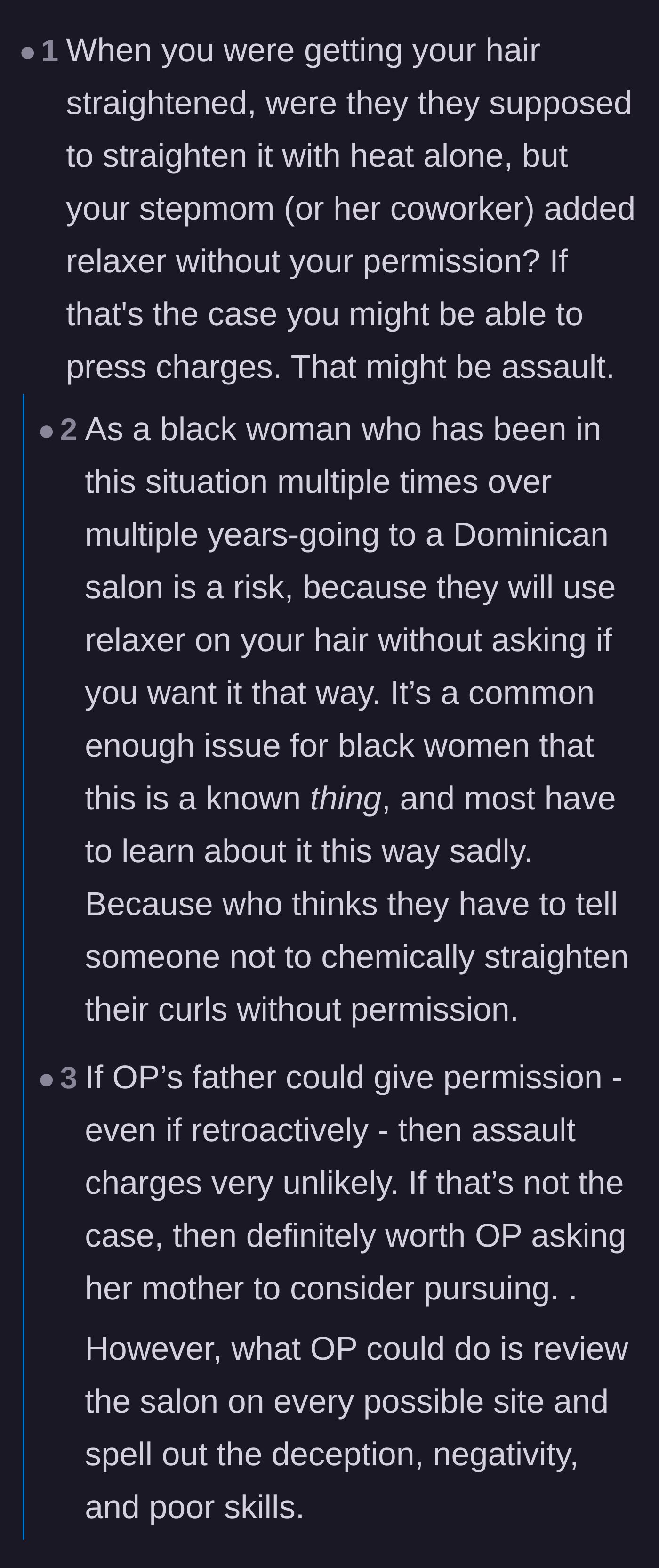 Comment thread 3 - Women of color sharing their own heartbreaking horror stories of salons secretly sneaking chemical relaxers into their natural hair.