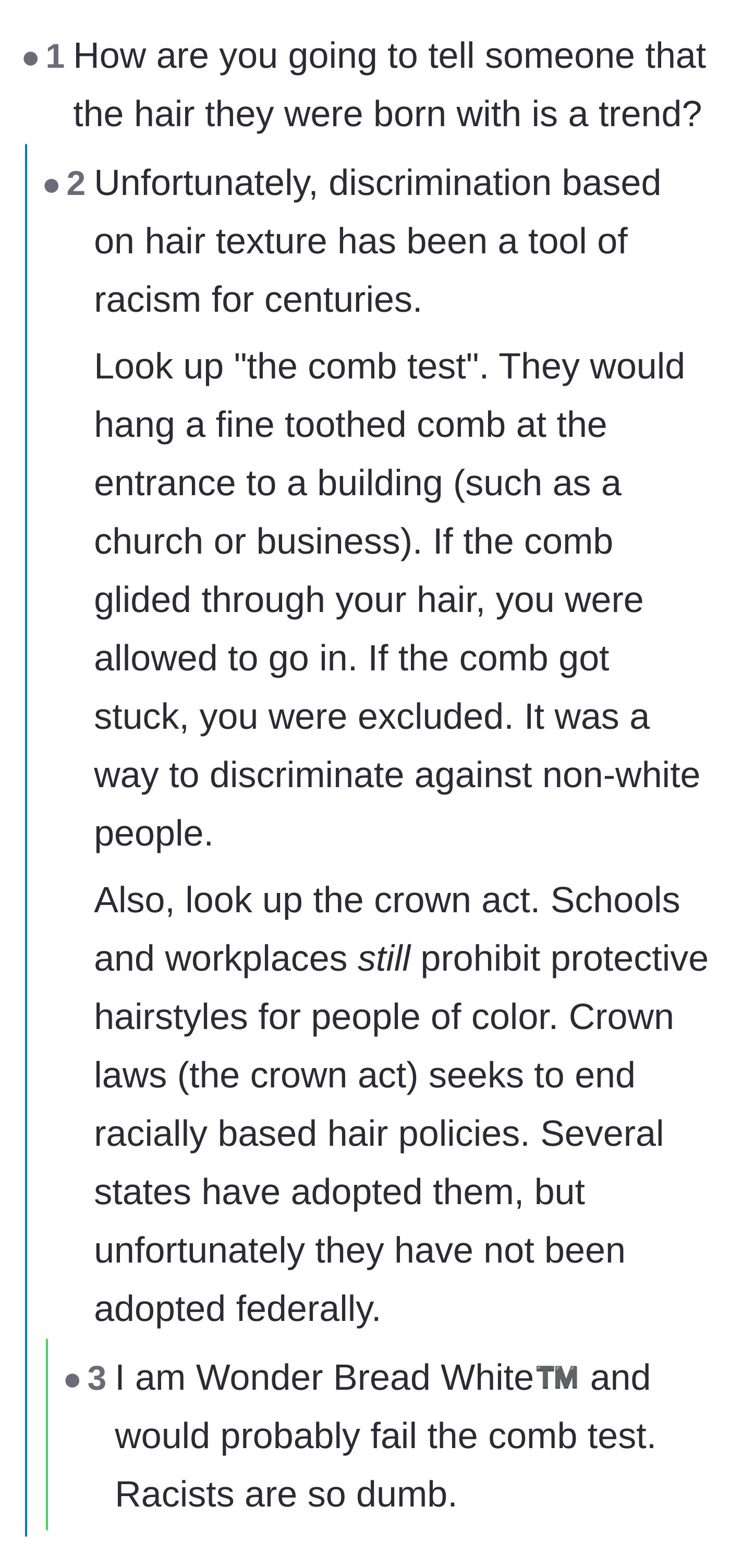 Comment thread 5 - An educational discussion about the painful history of hair discrimination, including the comb test and the necessity of the CROWN Act.