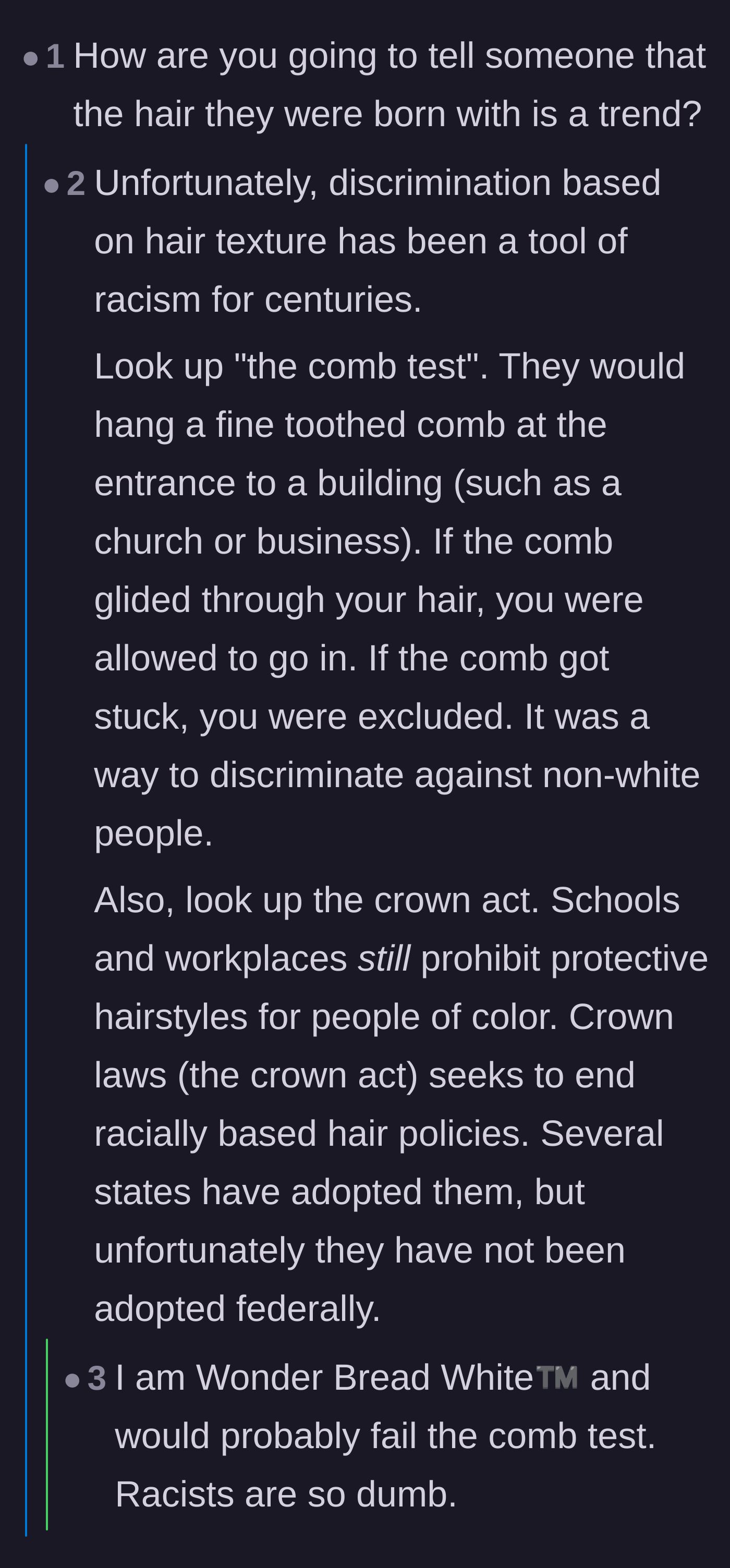 Comment thread 5 - An educational discussion about the painful history of hair discrimination, including the comb test and the necessity of the CROWN Act.