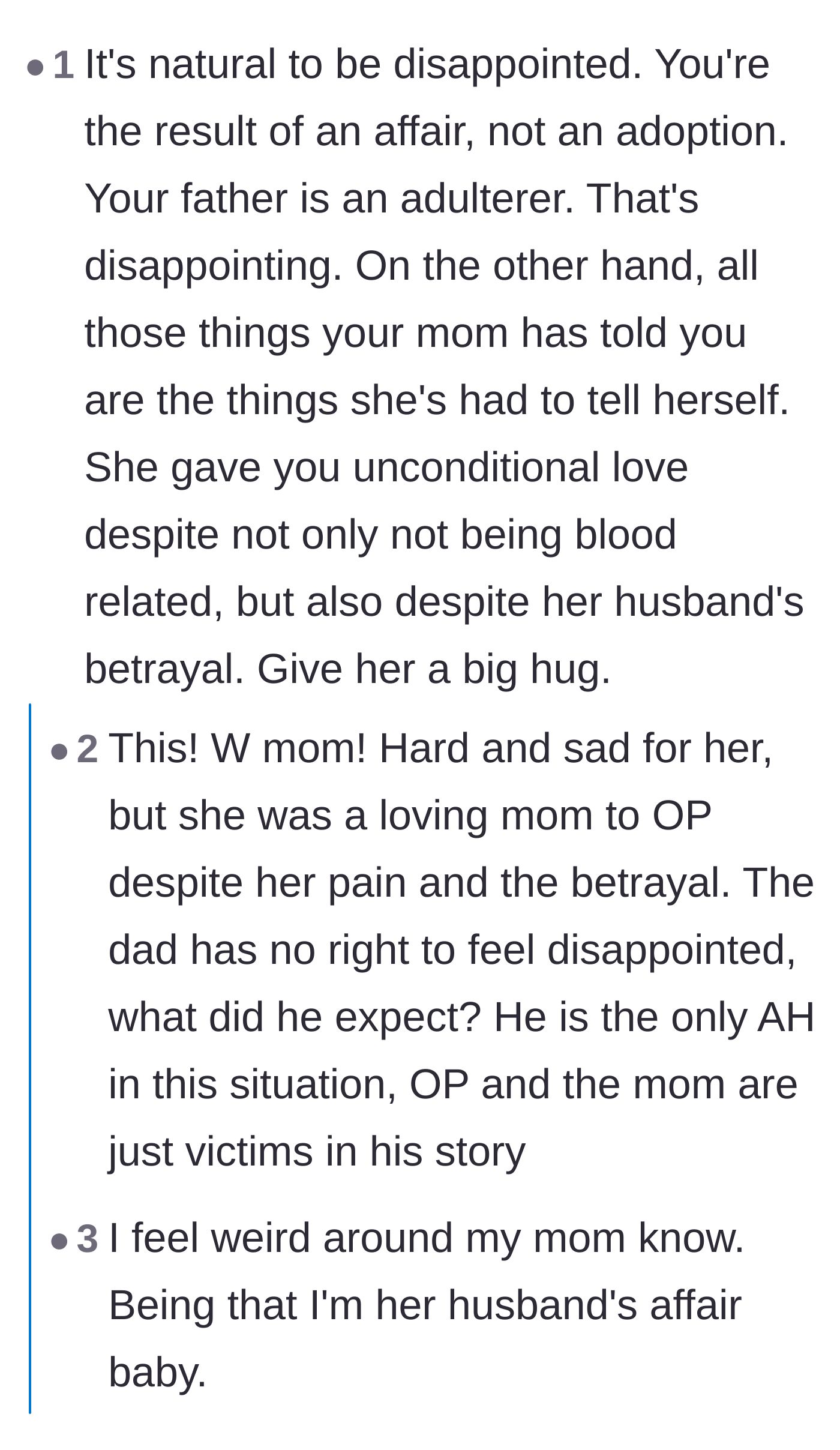 Comment thread 1 - Readers discussing the mother's unconditional love and OP's feelings of misplaced guilt.