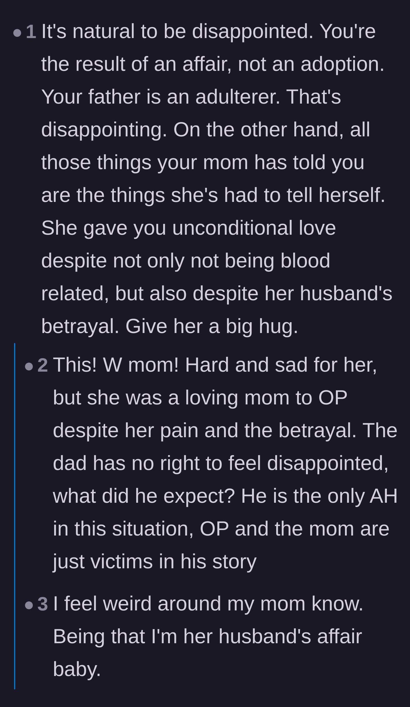 Comment thread 1 - Readers discussing the mother's unconditional love and OP's feelings of misplaced guilt.