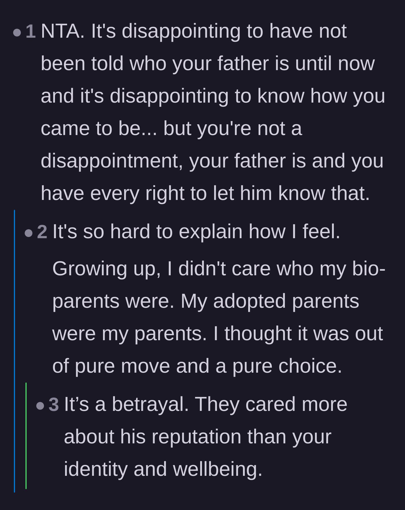 Comment thread 2 - Discussion on the father's hypocrisy and the parents lying to protect their reputations.