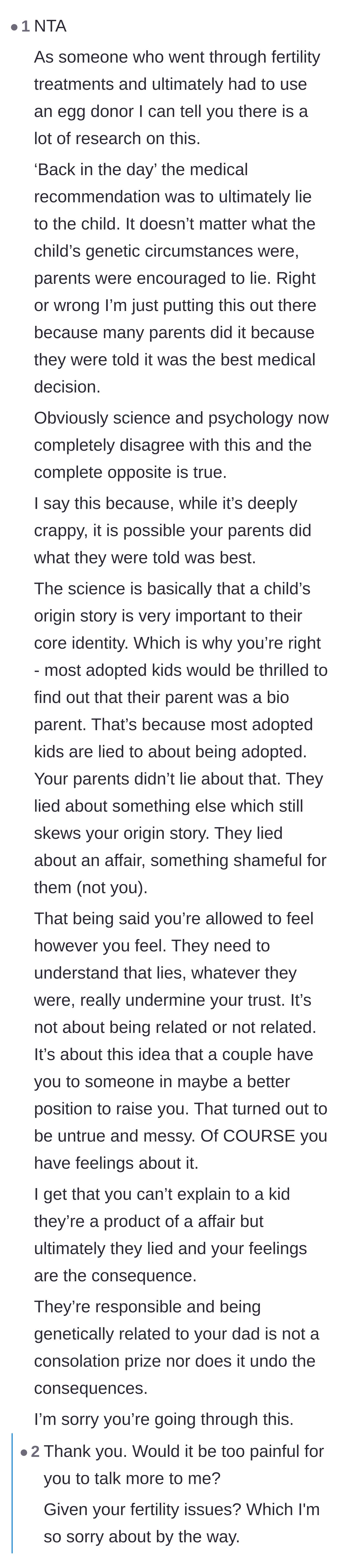 Comment thread 4 - A parent who used an egg donor explains the psychological impact of lying about a child's origin story.