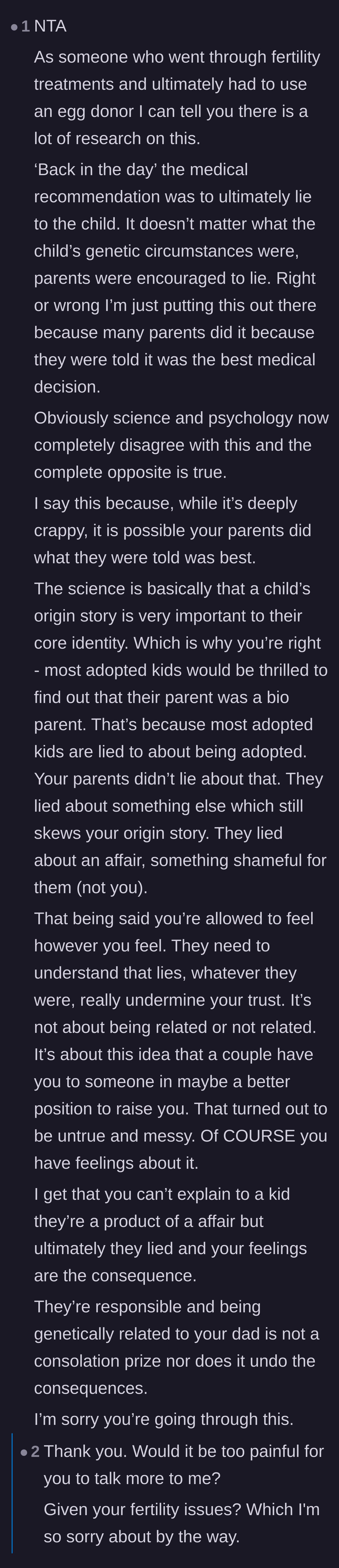 Comment thread 4 - A parent who used an egg donor explains the psychological impact of lying about a child's origin story.