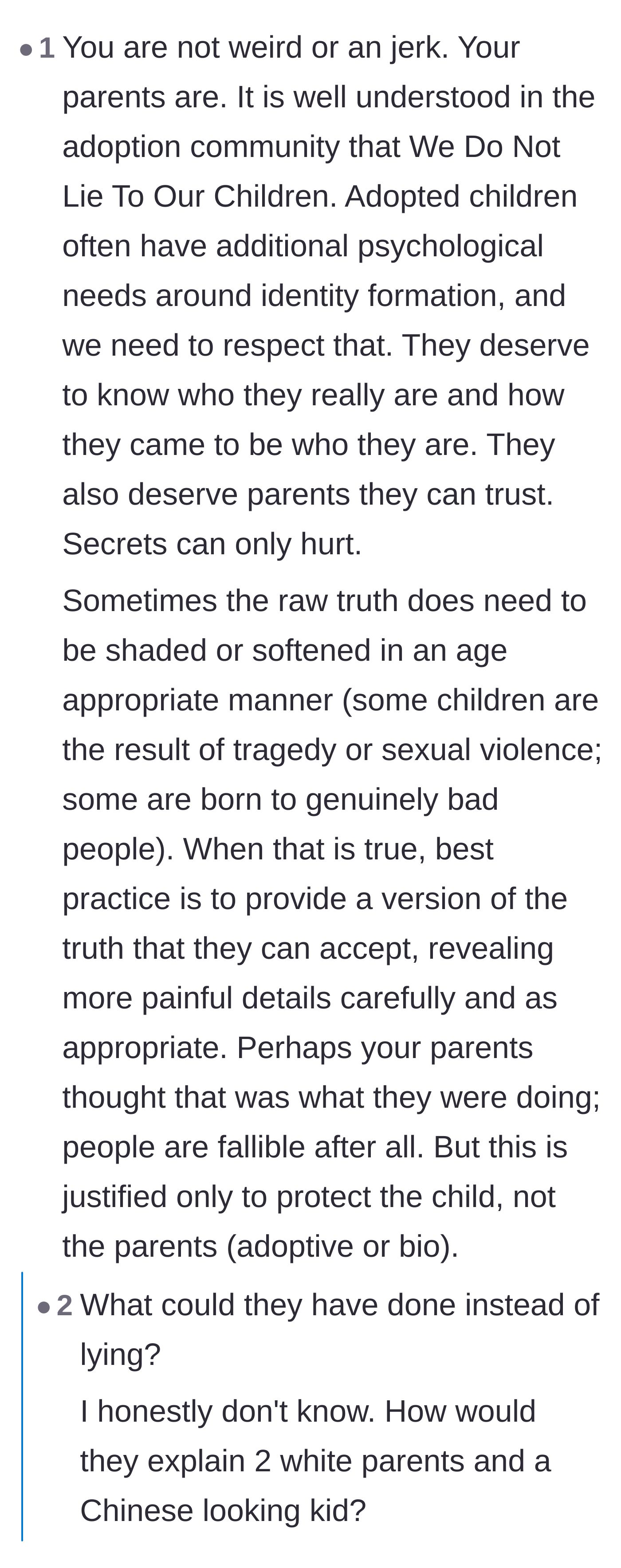 Comment thread 6 - Insights on honesty within the adoption community and the societal pressures the parents faced.