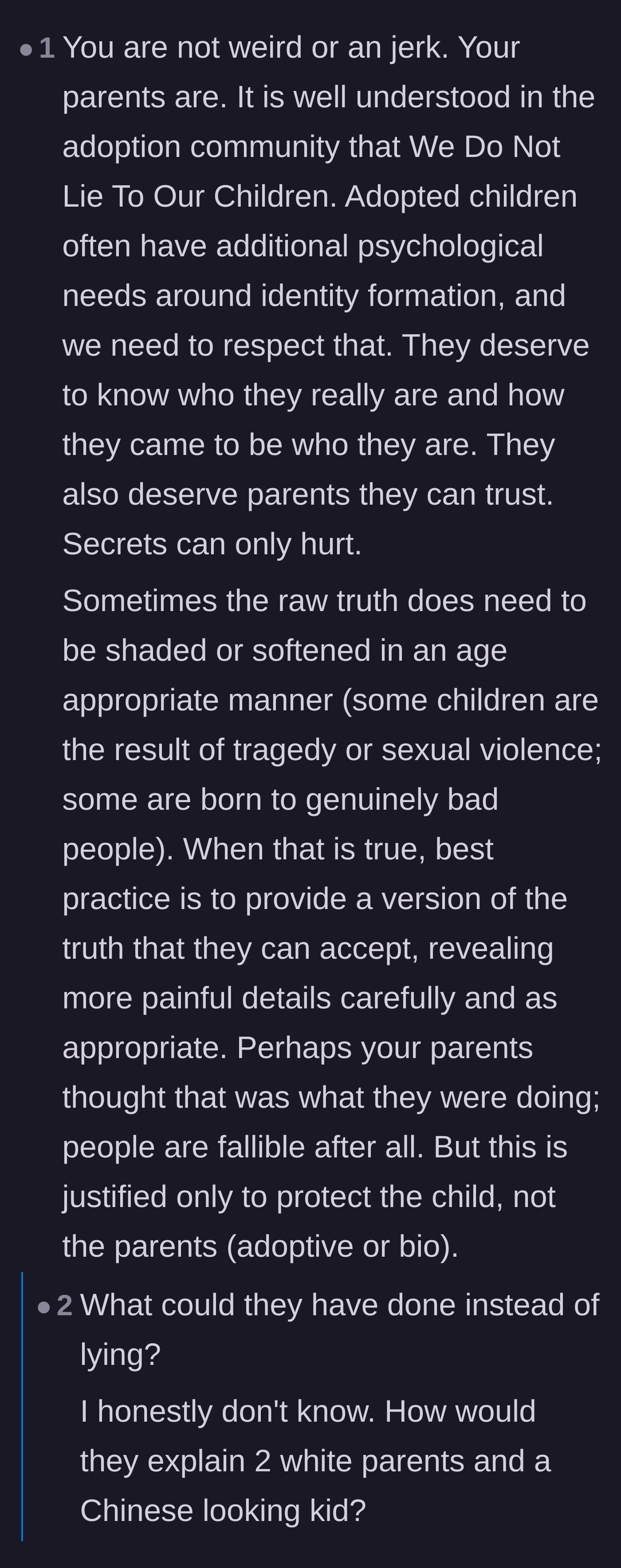 Comment thread 6 - Insights on honesty within the adoption community and the societal pressures the parents faced.