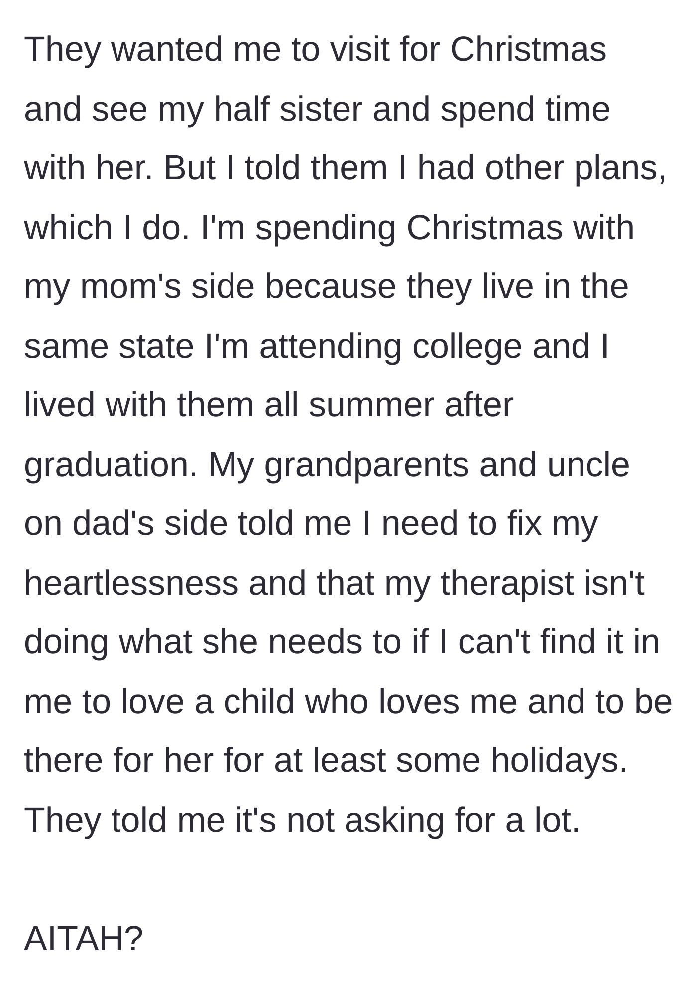 Story part 6 - The teenager plans to spend Christmas with her late mother's family, while her father's family calls her heartless.