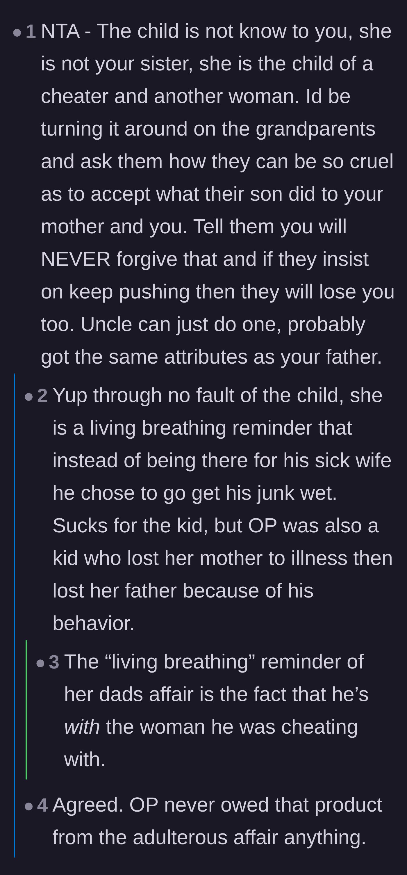 Comment thread 1 - Readers debating the grandparents' cruelty and clashing over harsh language used to describe the affair child.