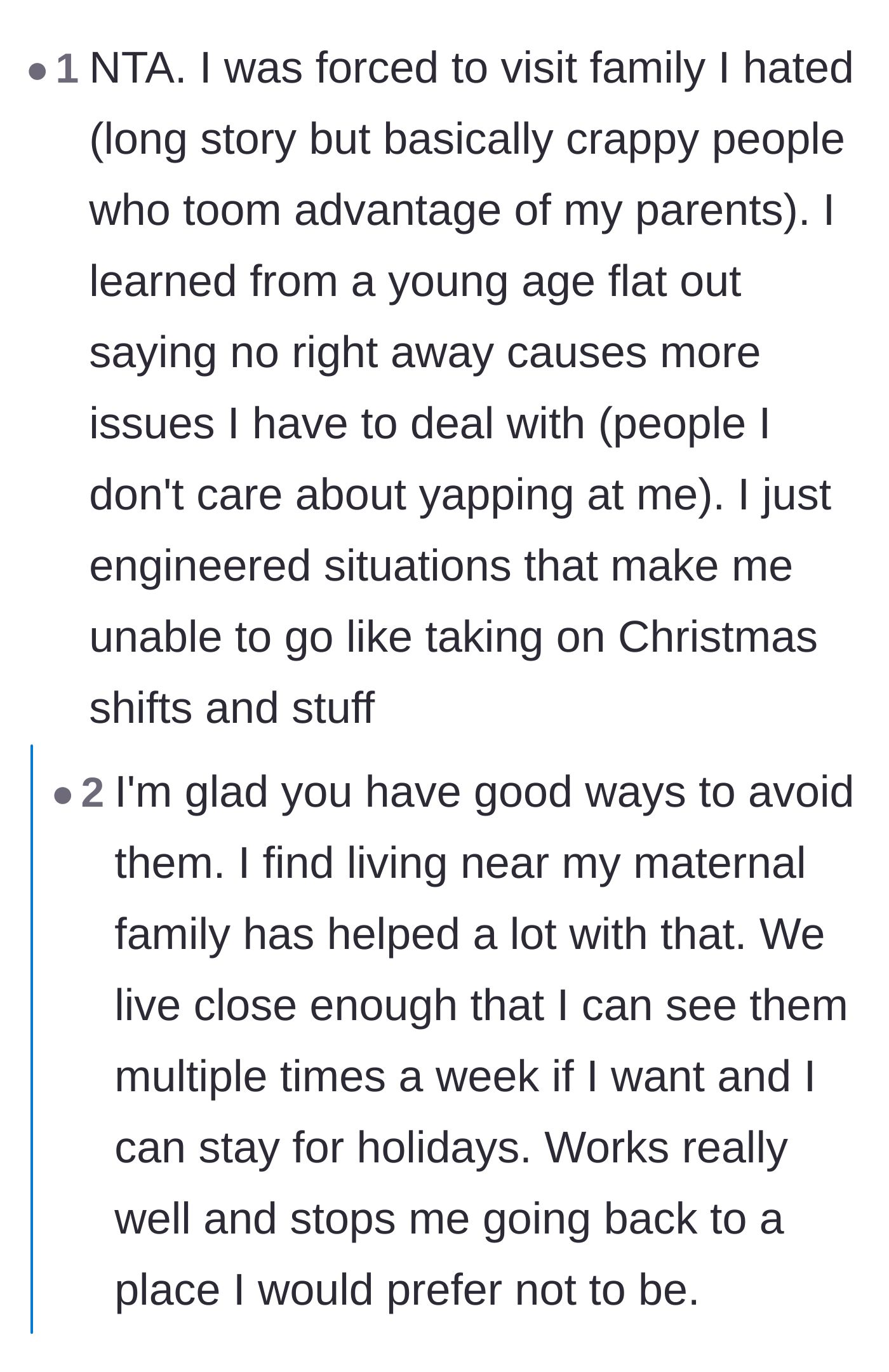 Comment thread 2 - A user sharing their own tactics for avoiding toxic family holidays, and the original poster chiming in.