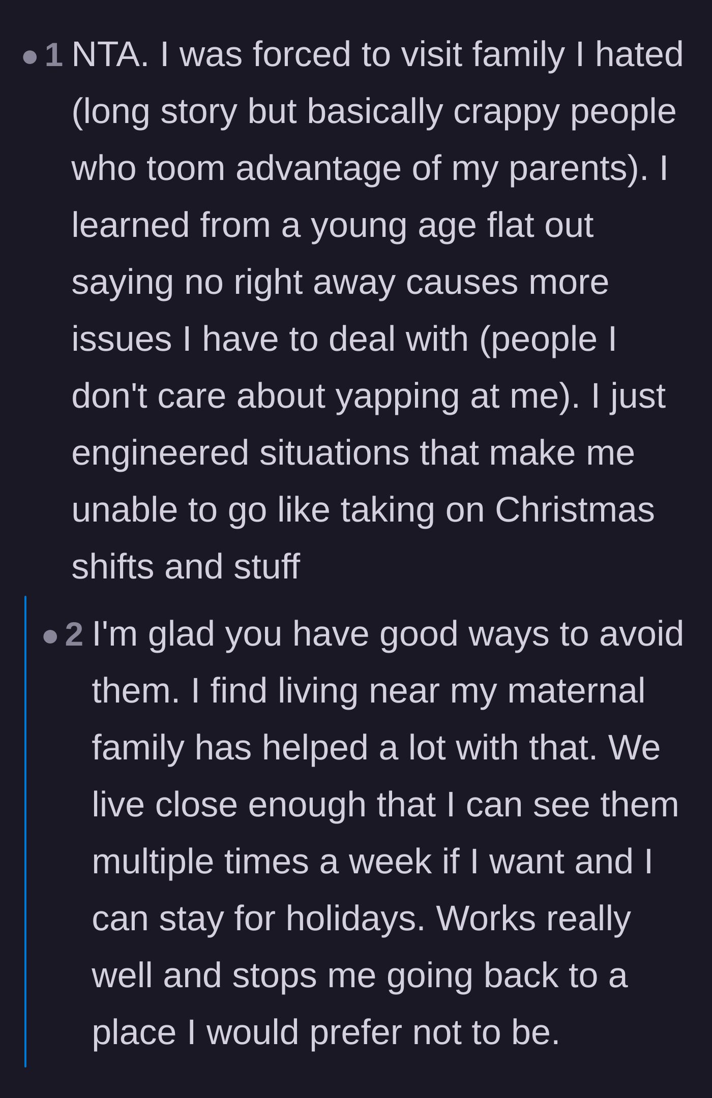 Comment thread 2 - A user sharing their own tactics for avoiding toxic family holidays, and the original poster chiming in.