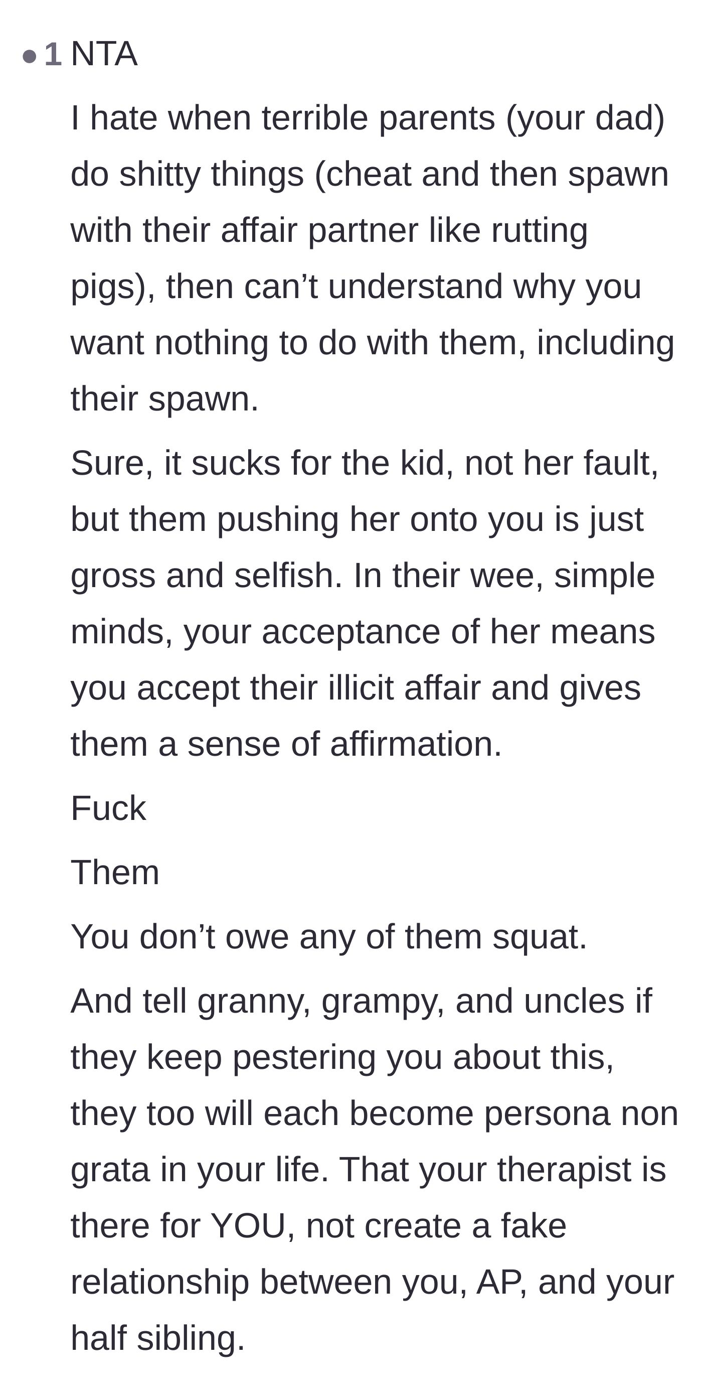 Comment thread 4 - A fiery comment breaking down how the father's push for sibling bonding is really just a desperate plea to validate his affair.