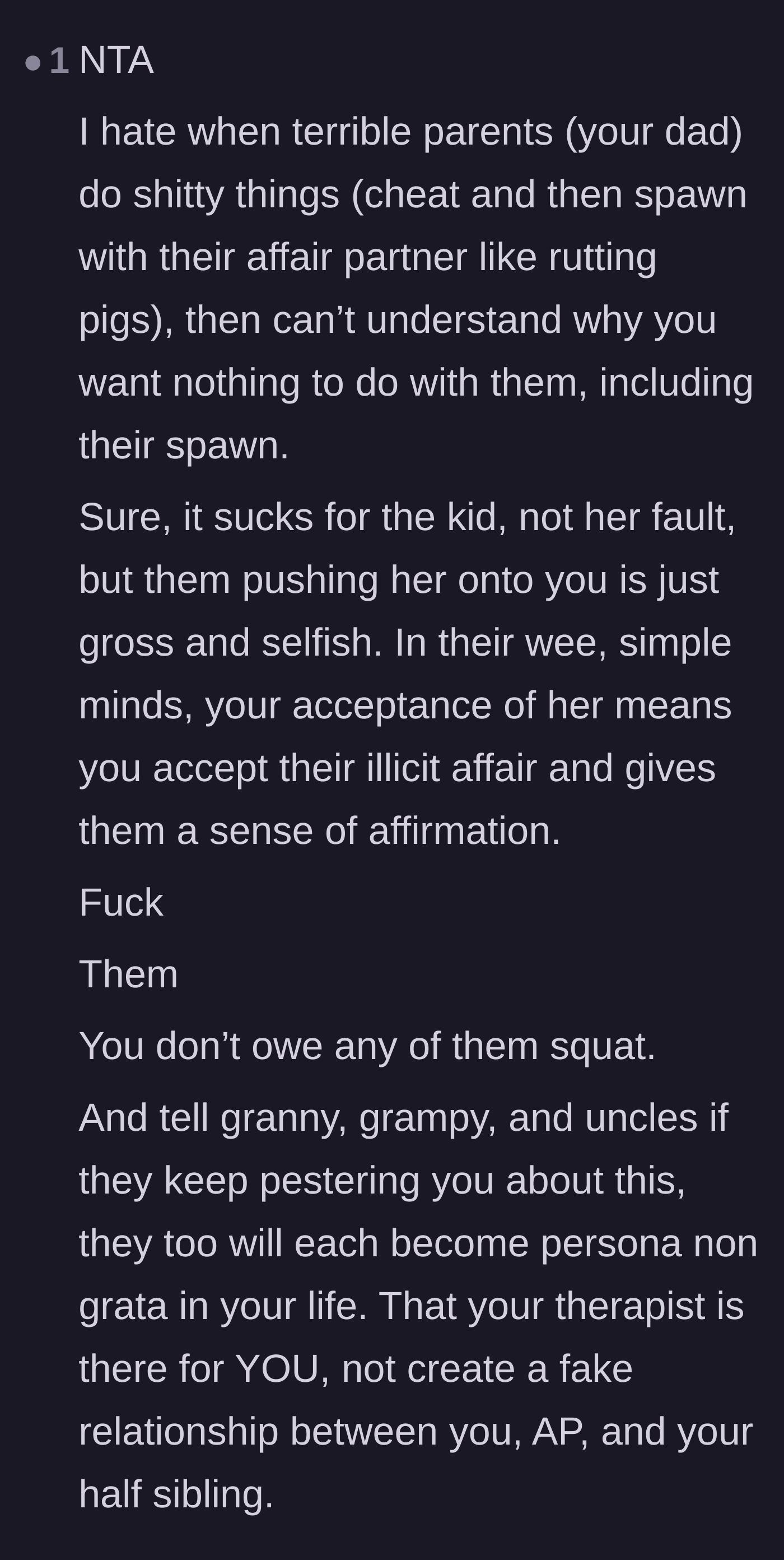 Comment thread 4 - A fiery comment breaking down how the father's push for sibling bonding is really just a desperate plea to validate his affair.