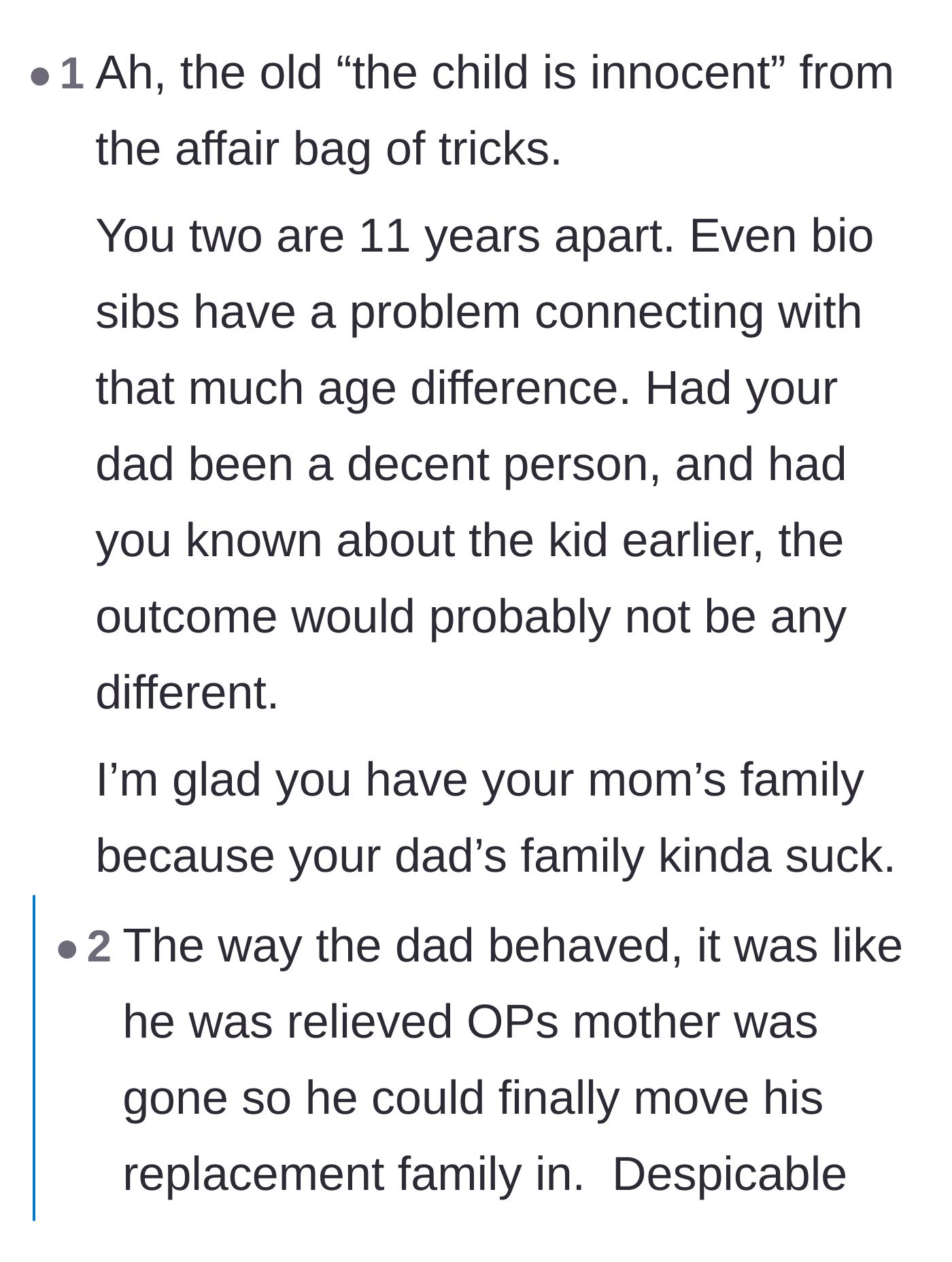 Comment thread 5 - Discussion about the massive age gap making a relationship unlikely anyway, and how the dad treated the mom's death as a relief.