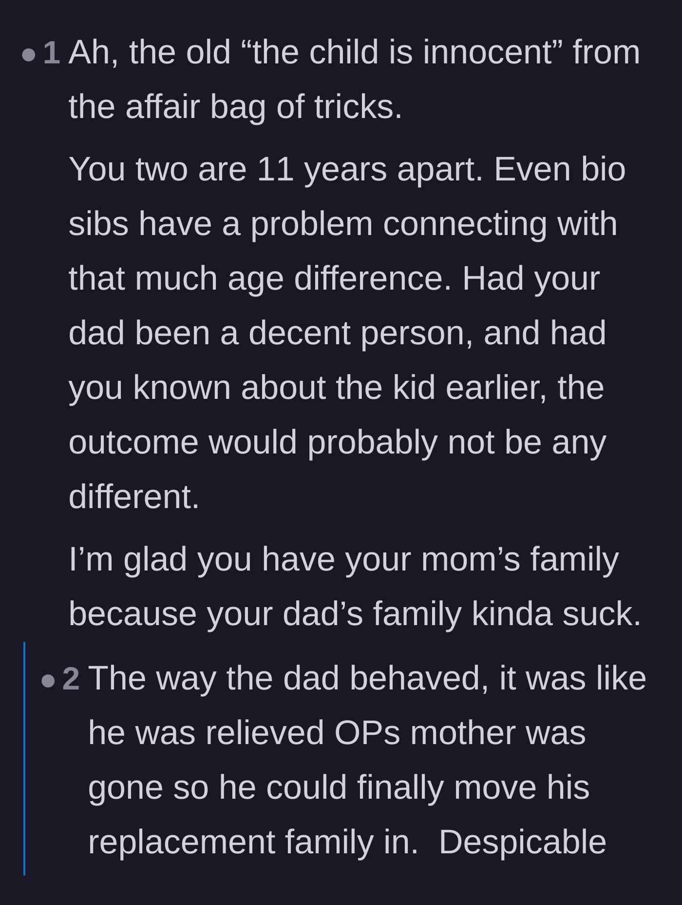 Comment thread 5 - Discussion about the massive age gap making a relationship unlikely anyway, and how the dad treated the mom's death as a relief.