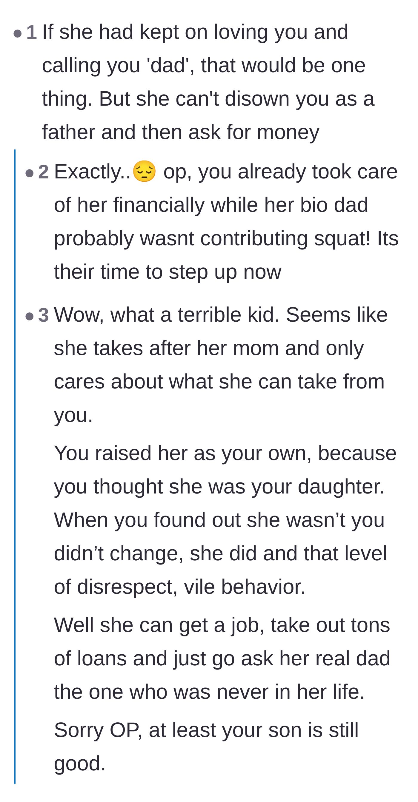 Comment thread 3 - Discussion about the hypocrisy of disowning a father but asking him for money.