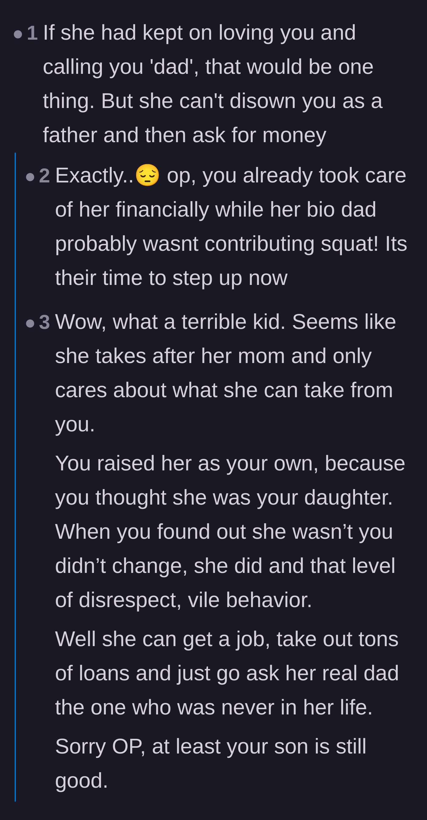 Comment thread 3 - Discussion about the hypocrisy of disowning a father but asking him for money.