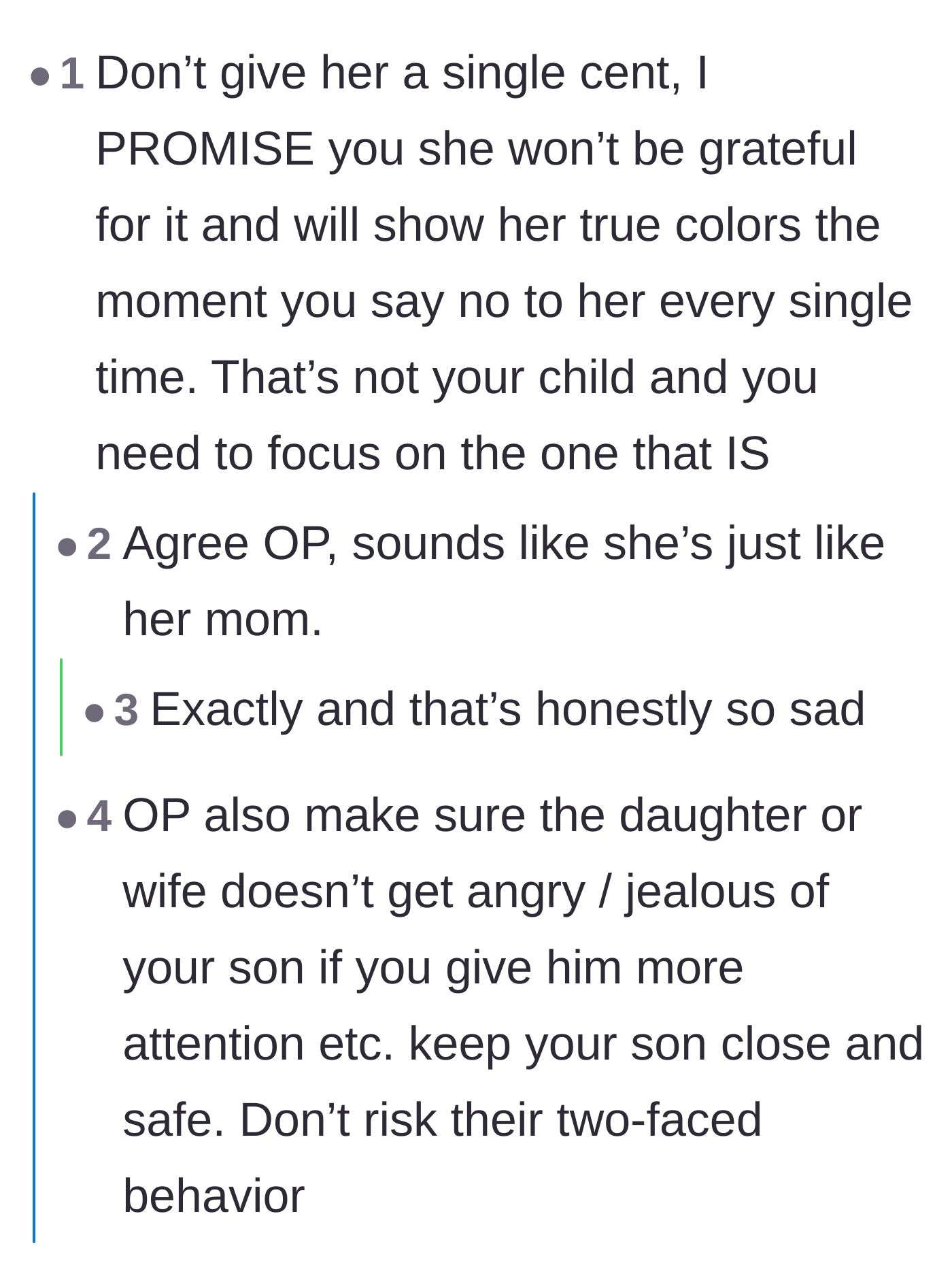 Comment thread 4 - Warning the father that the daughter won't be grateful and takes after her mother.