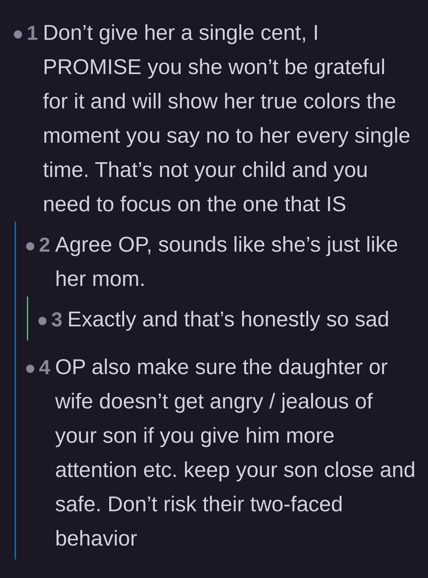 Comment thread 4 - Warning the father that the daughter won't be grateful and takes after her mother.