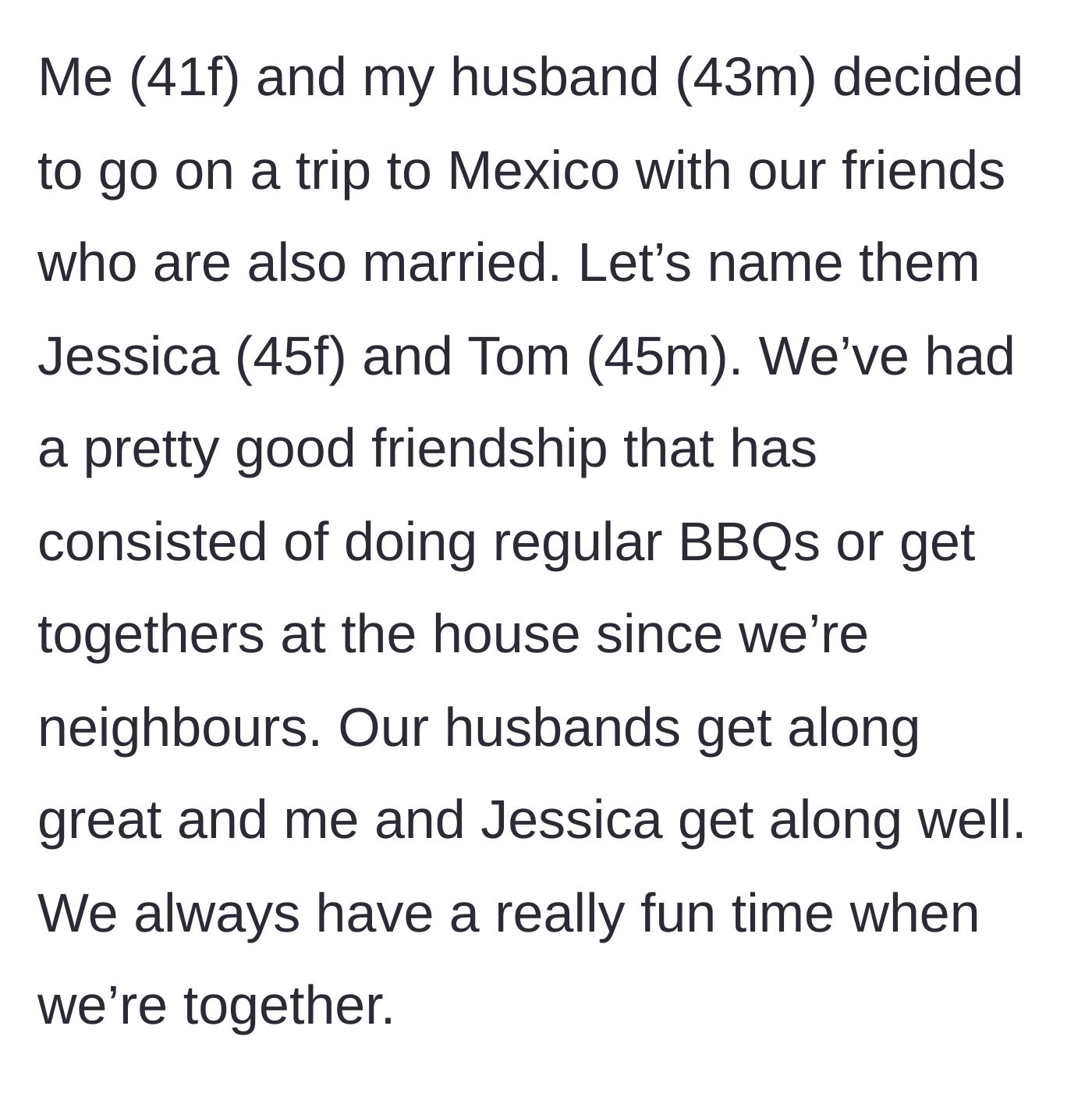 Story part 1 - Introduction to the 41F main character, her husband, and their seemingly great neighbors, Jessica and Tom, who frequently share BBQs.
