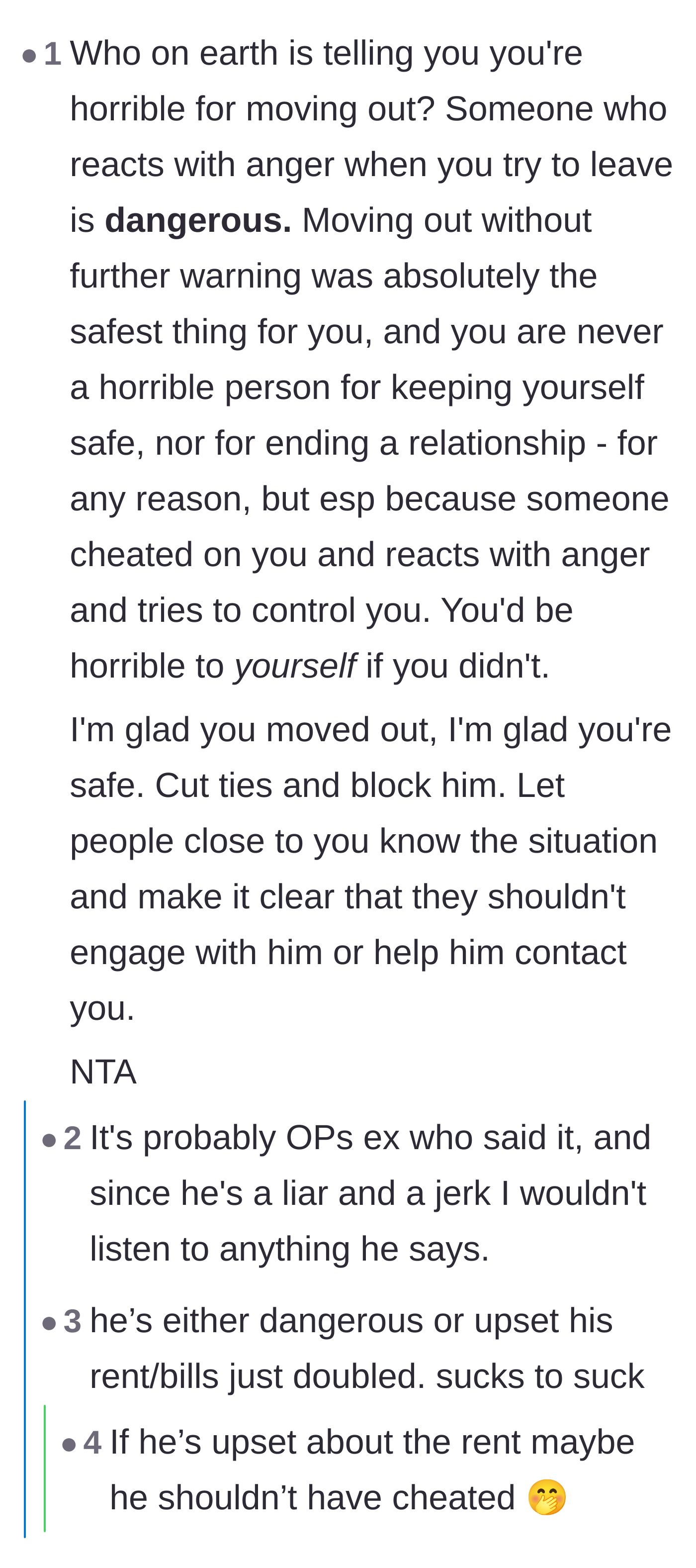 Comment thread 1 - A discussion validating the woman's need for safety over a polite breakup, with jokes about the cheating ex struggling to pay rent.
