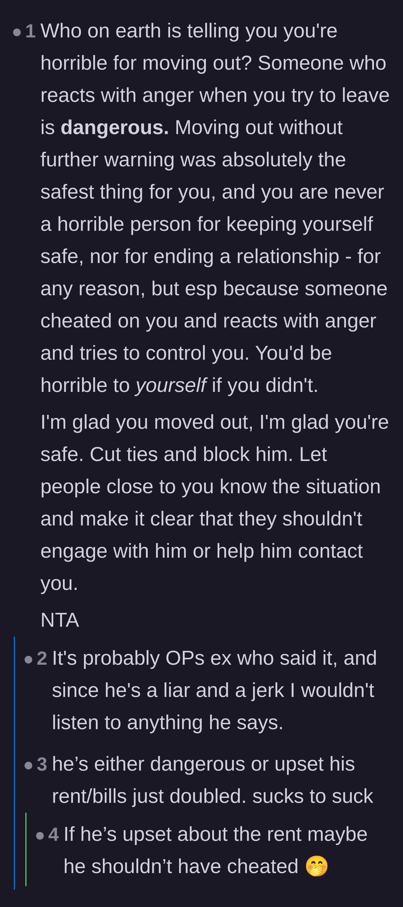 Comment thread 1 - A discussion validating the woman's need for safety over a polite breakup, with jokes about the cheating ex struggling to pay rent.