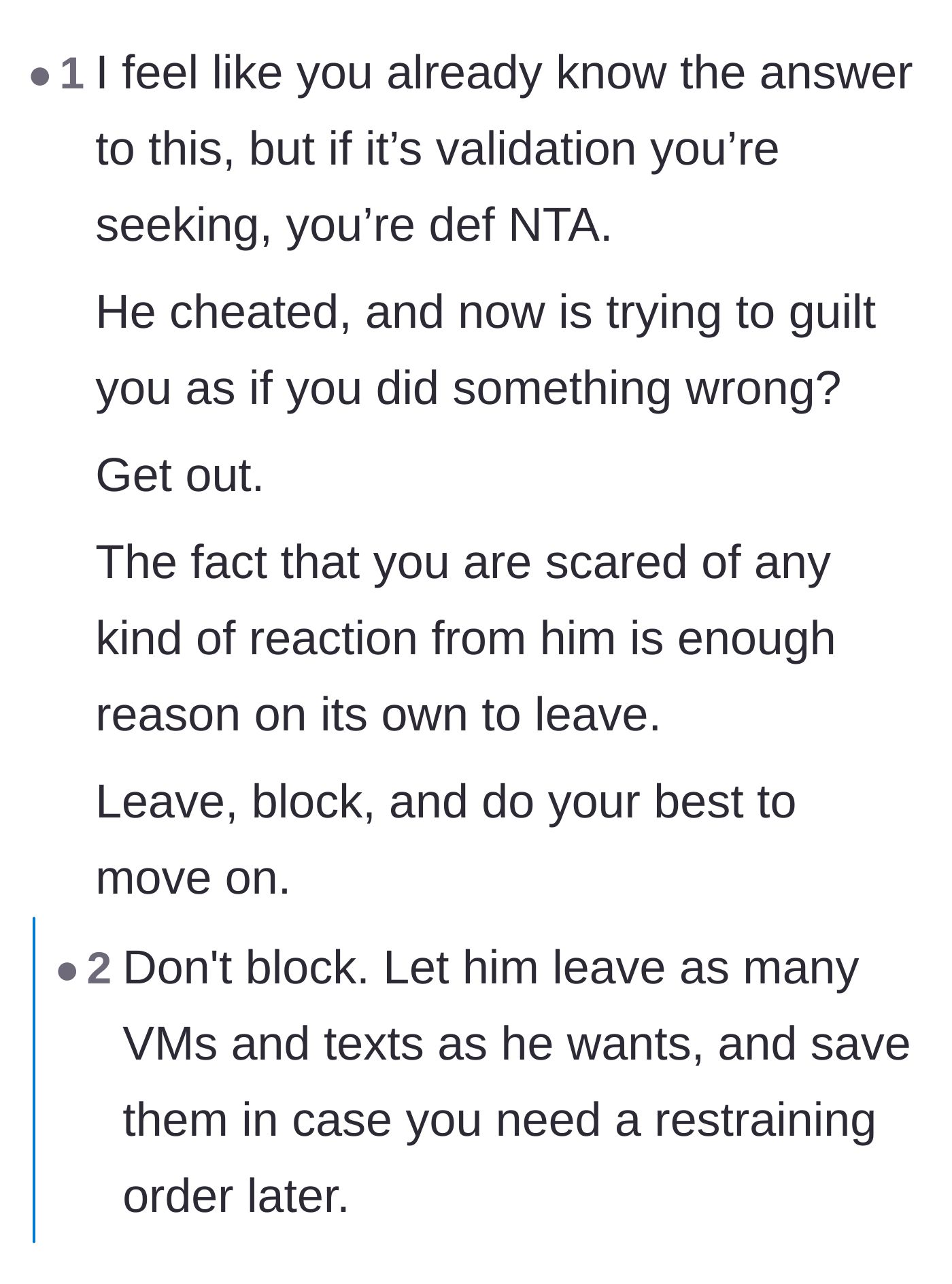Comment thread 3 - Advice emphasizing that fearing a partner's reaction is reason enough to leave, alongside tips to save evidence just in case.