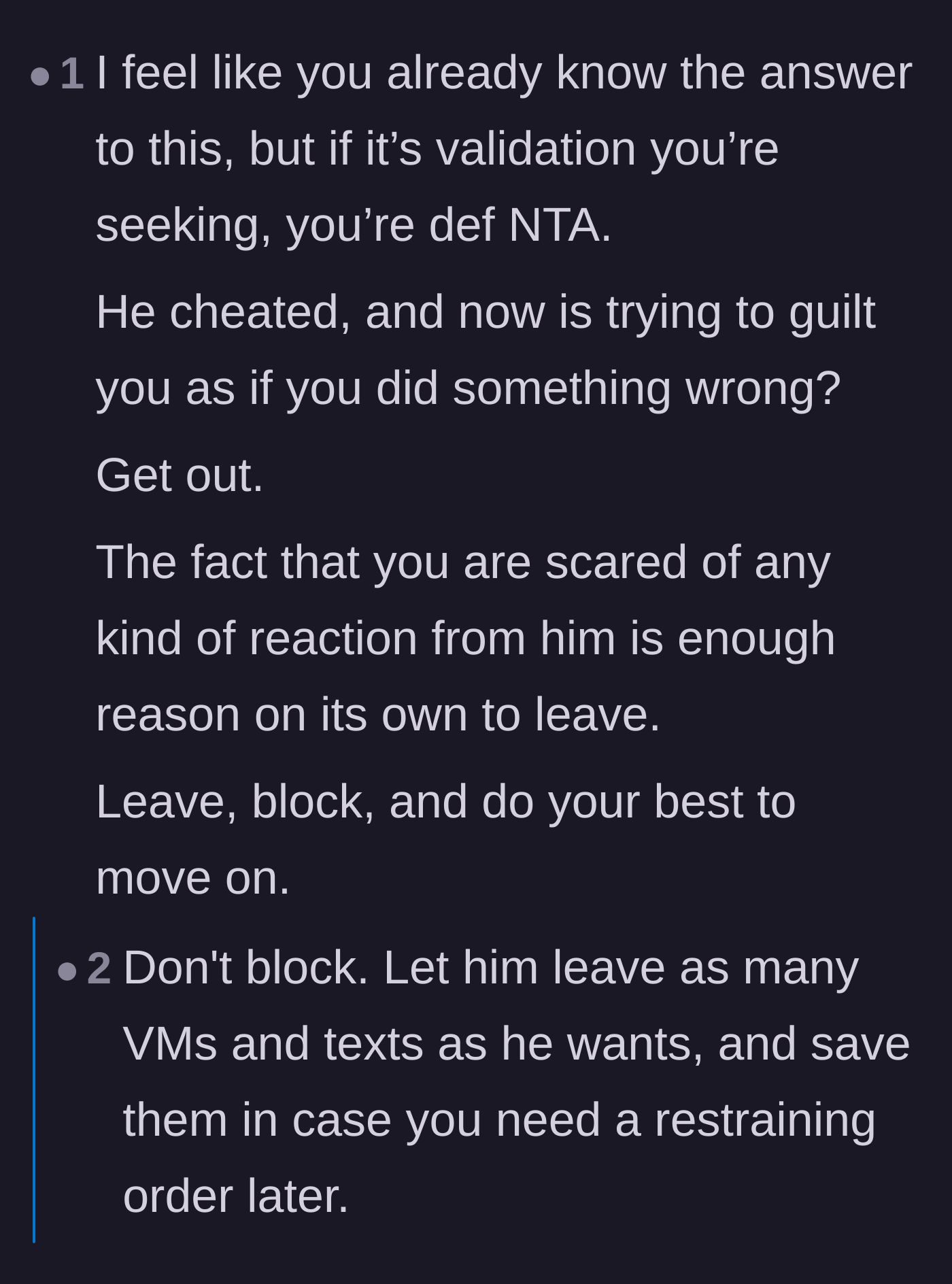 Comment thread 3 - Advice emphasizing that fearing a partner's reaction is reason enough to leave, alongside tips to save evidence just in case.