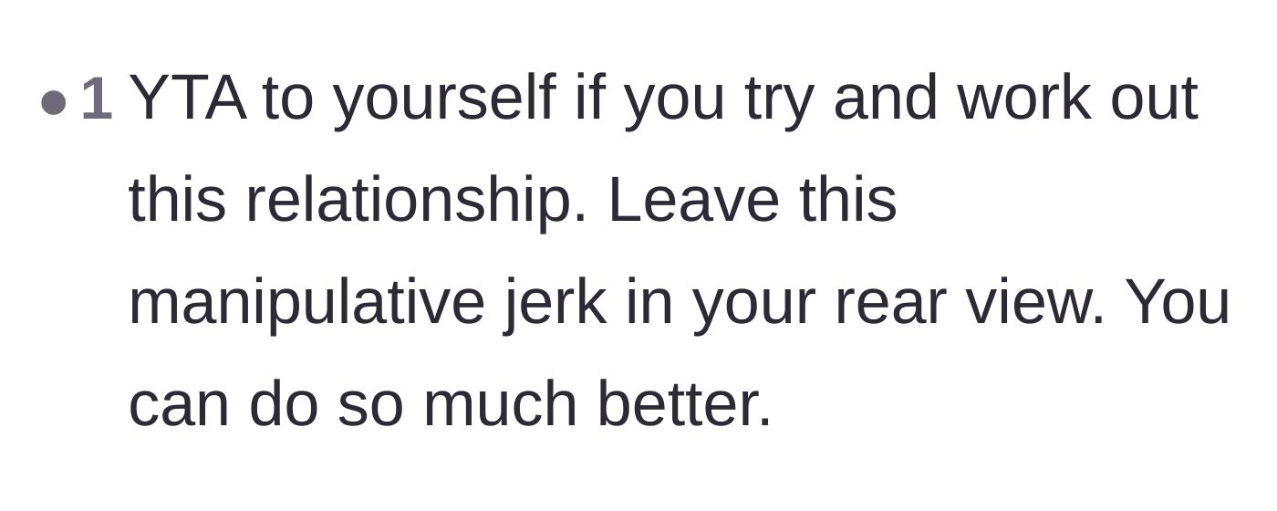 Comment thread 4 - A tough-love comment saying the only person she would be hurting is herself if she stayed with a manipulator.