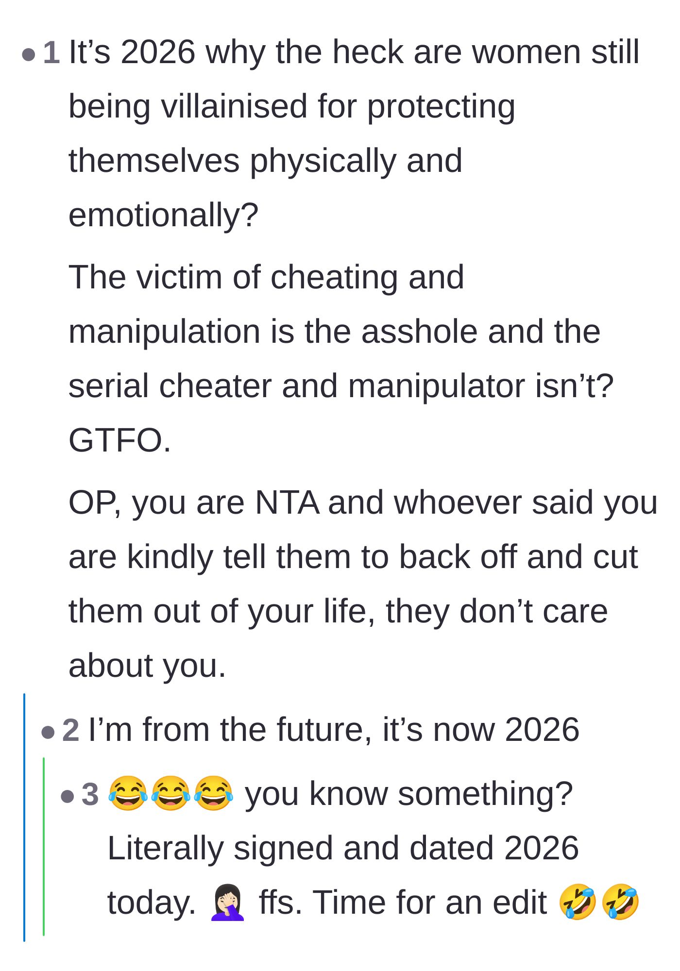Comment thread 6 - Frustrated commentary on why women are still villainized for protecting themselves from toxic partners.