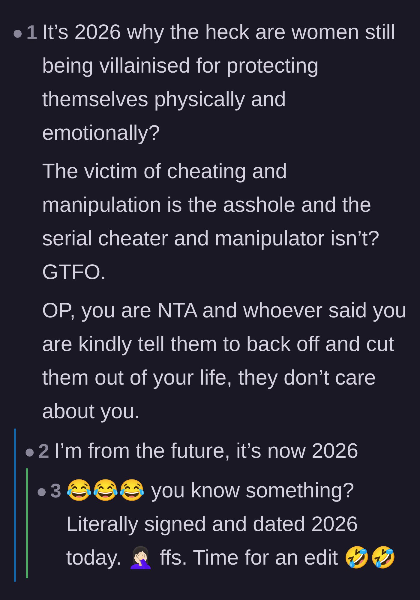 Comment thread 6 - Frustrated commentary on why women are still villainized for protecting themselves from toxic partners.