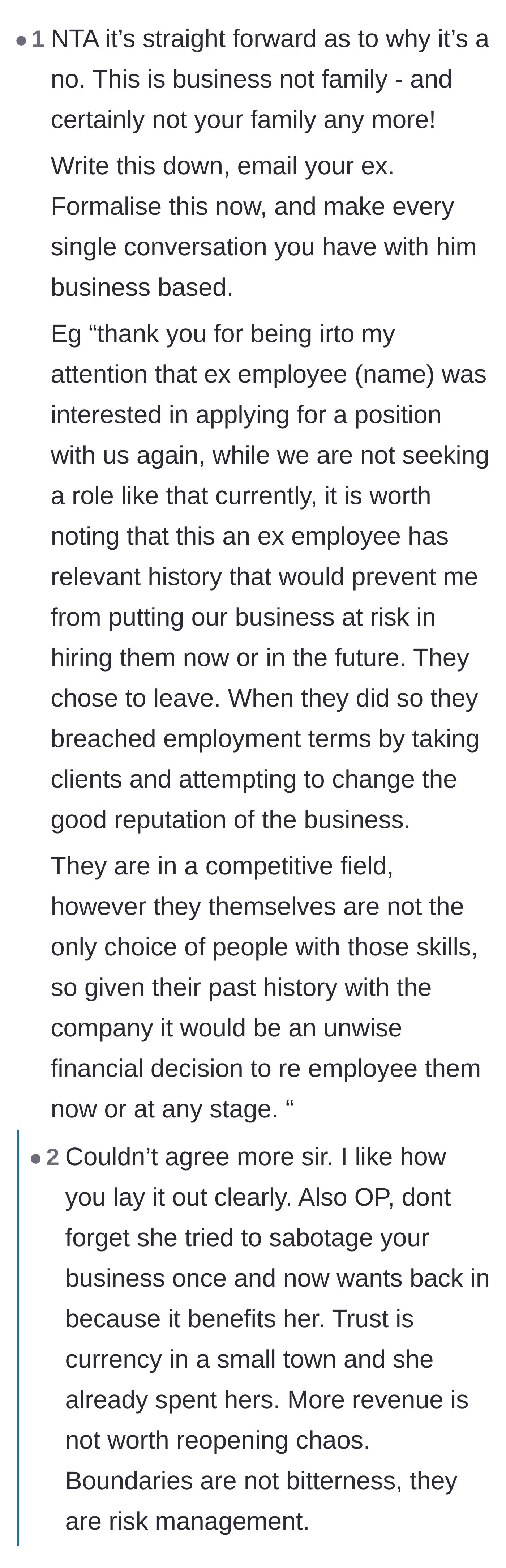 Comment thread 4 - A commenter drafting a cold, corporate HR rejection template to shut down the ex-husband's emotional manipulation