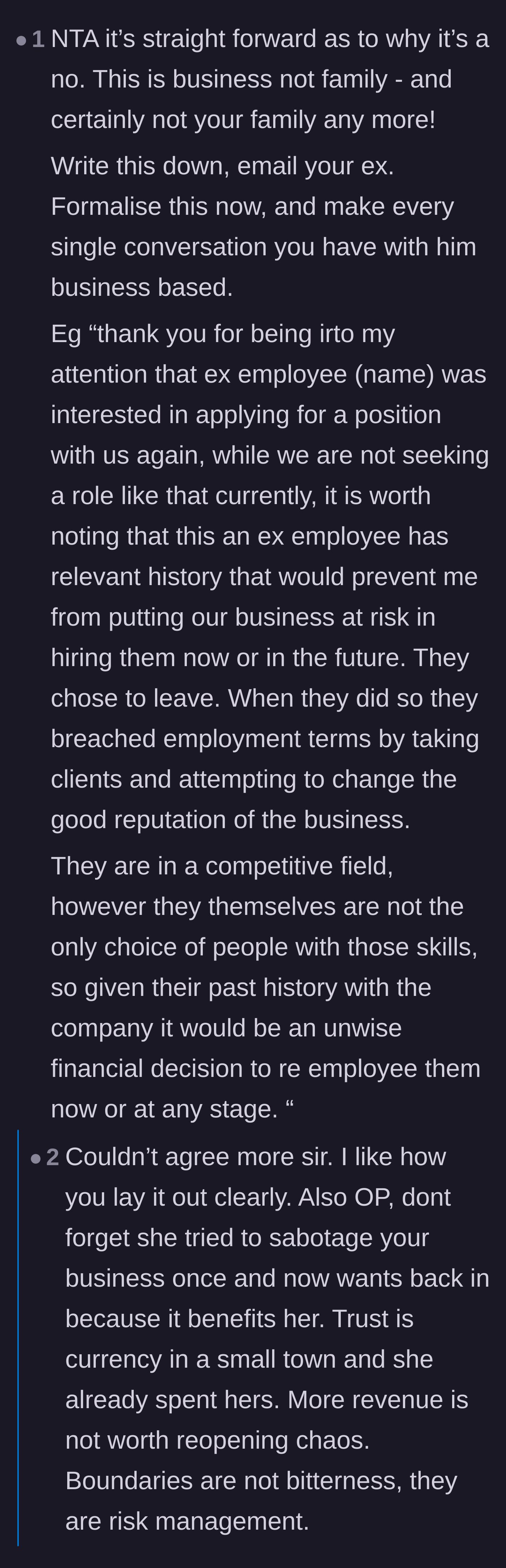 Comment thread 4 - A commenter drafting a cold, corporate HR rejection template to shut down the ex-husband's emotional manipulation