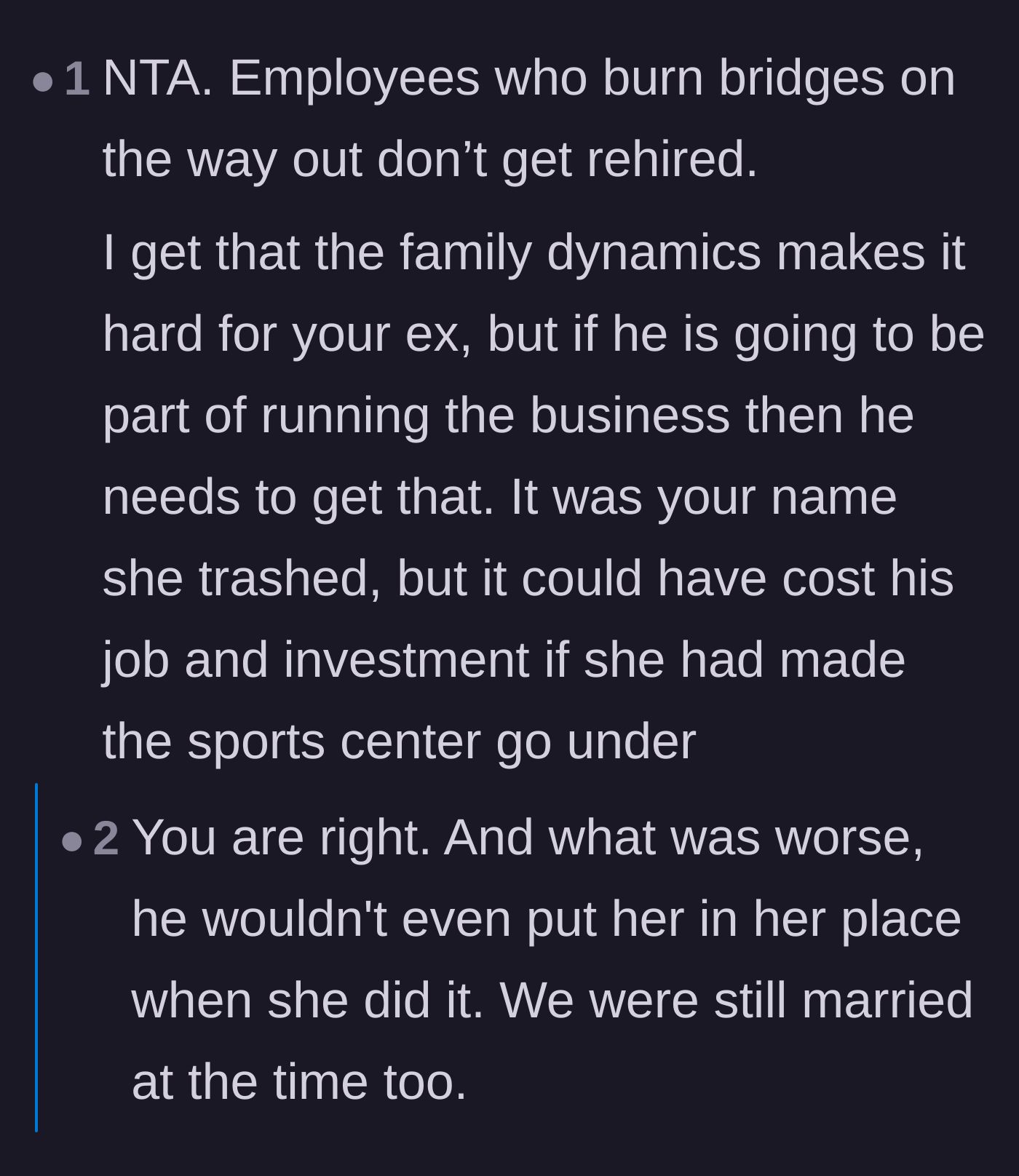 Comment thread 5 - Pointing out that the sister's sabotage threatened her own brother's investment while he stood by and did nothing
