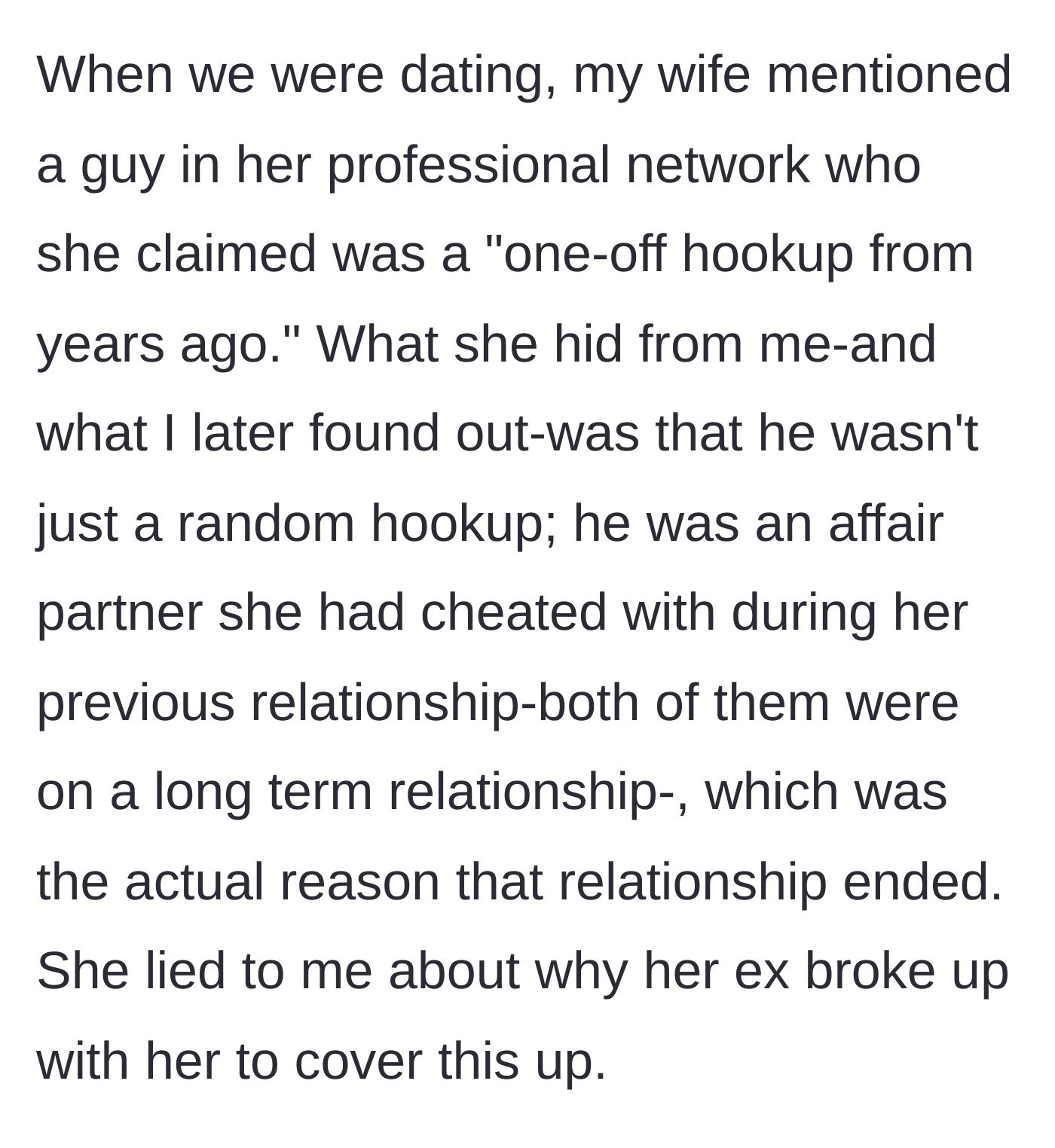 Story part 2 - A woman whispering a secret to her partner while crossing her fingers behind her back.