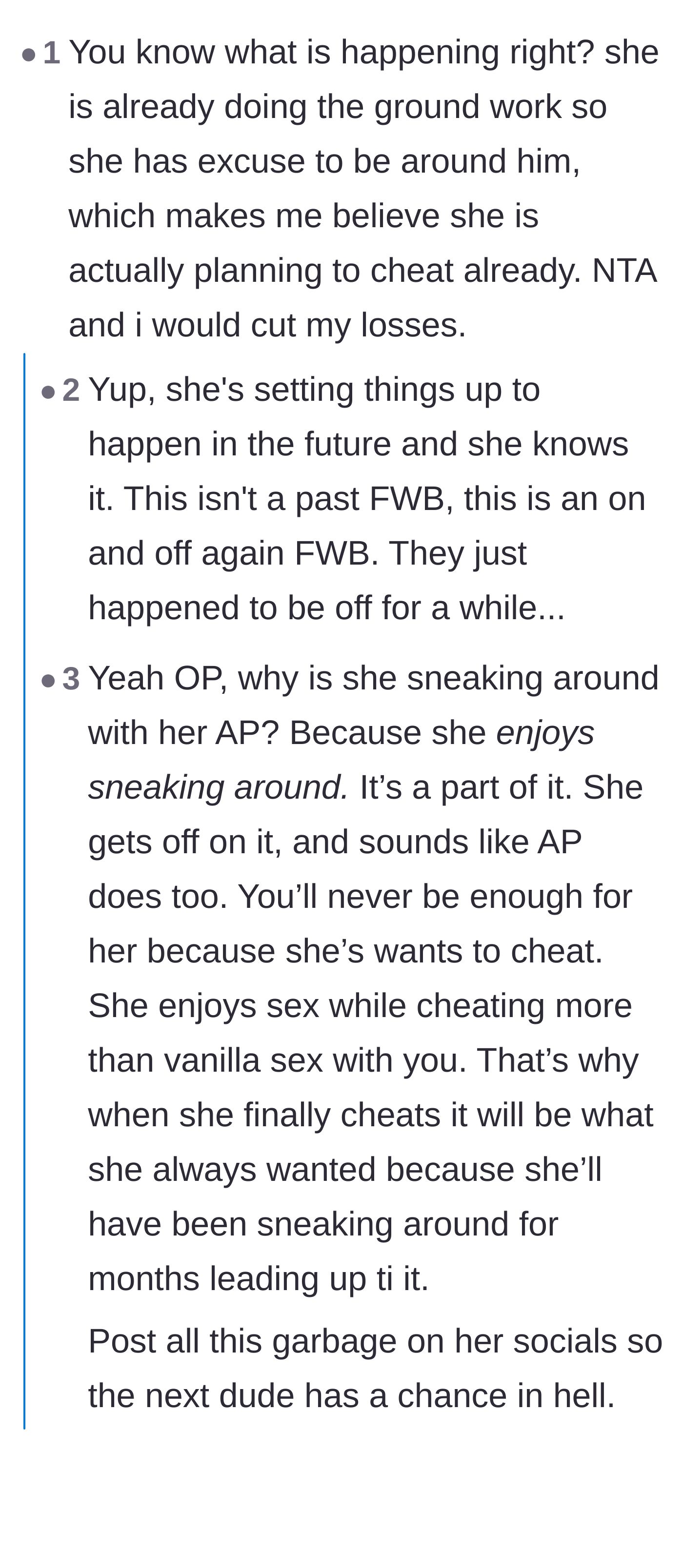 Comment thread 1 - Readers debating whether the wife is actively laying the groundwork for a future physical affair.