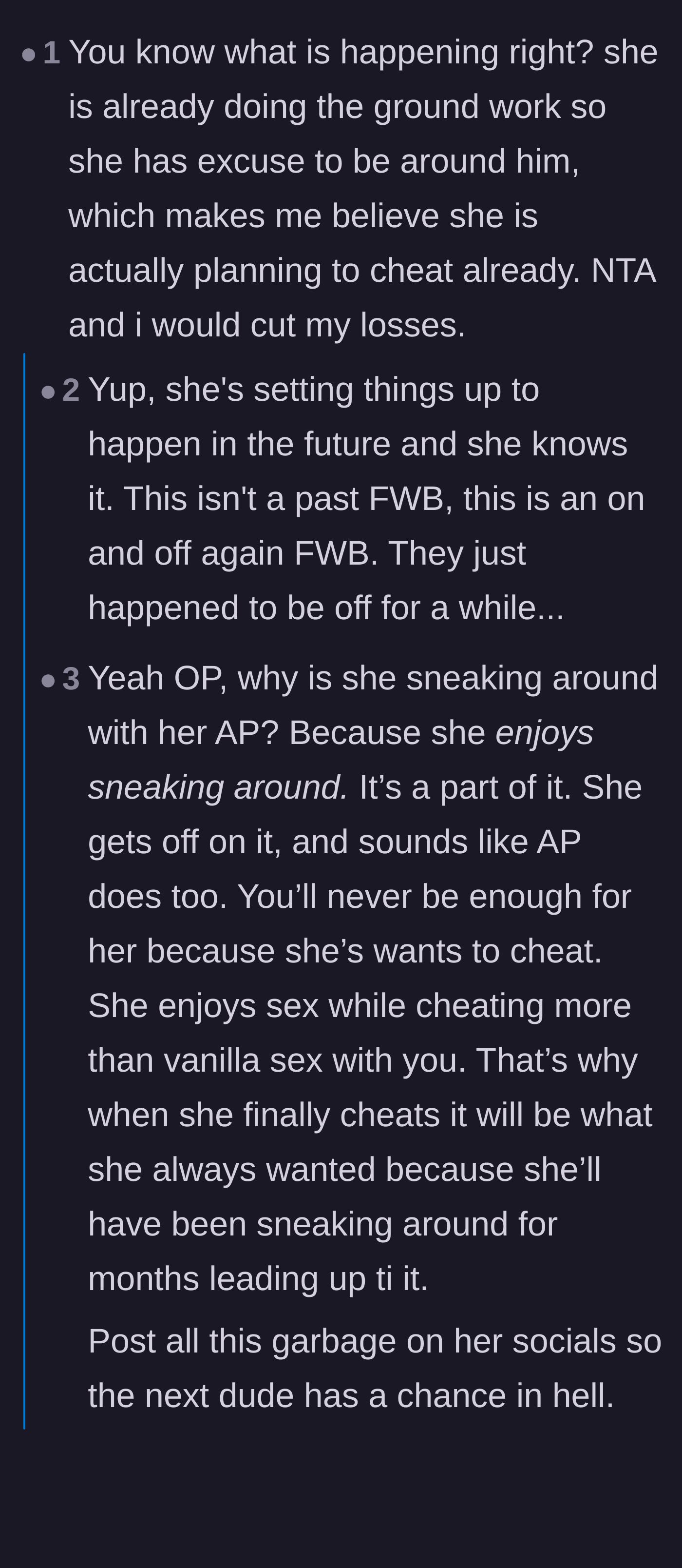 Comment thread 1 - Readers debating whether the wife is actively laying the groundwork for a future physical affair.