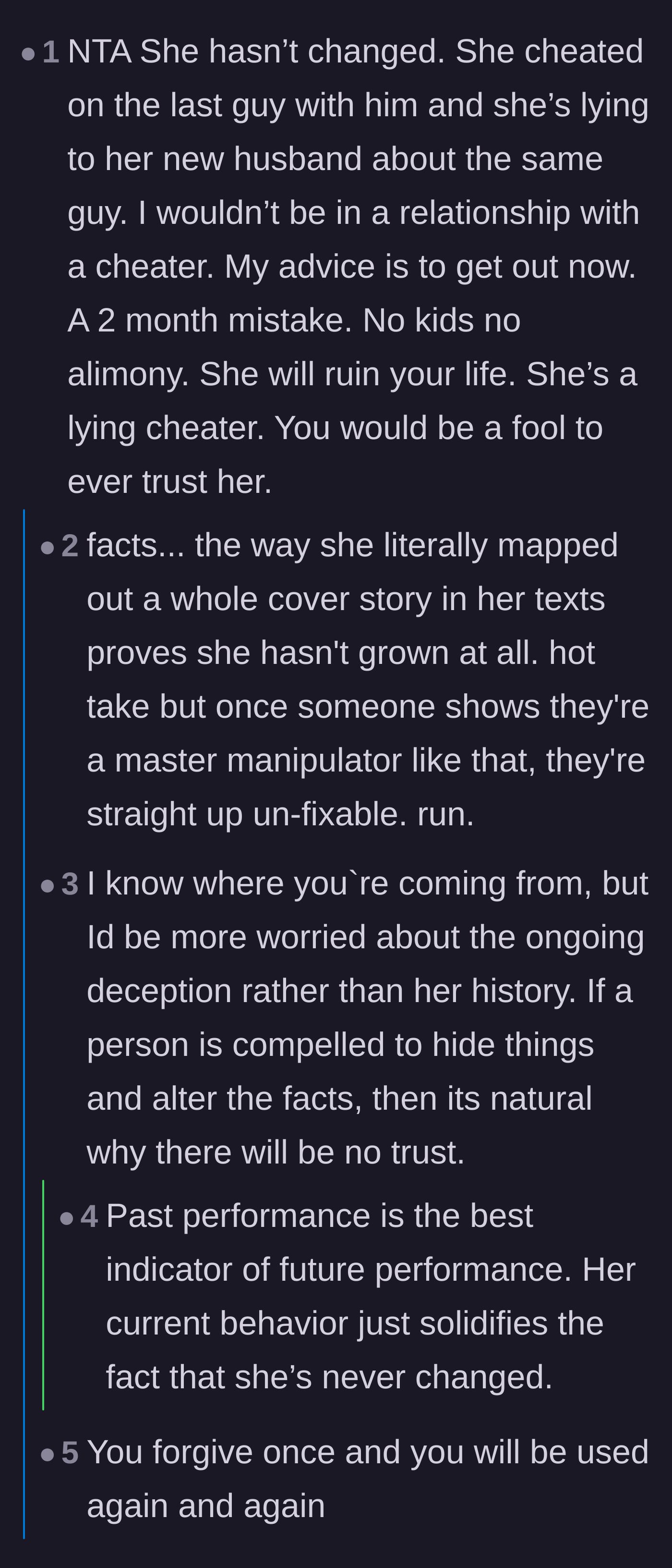 Comment thread 2 - A discussion on how the wife's past history of infidelity with the same man predicts her current behavior.