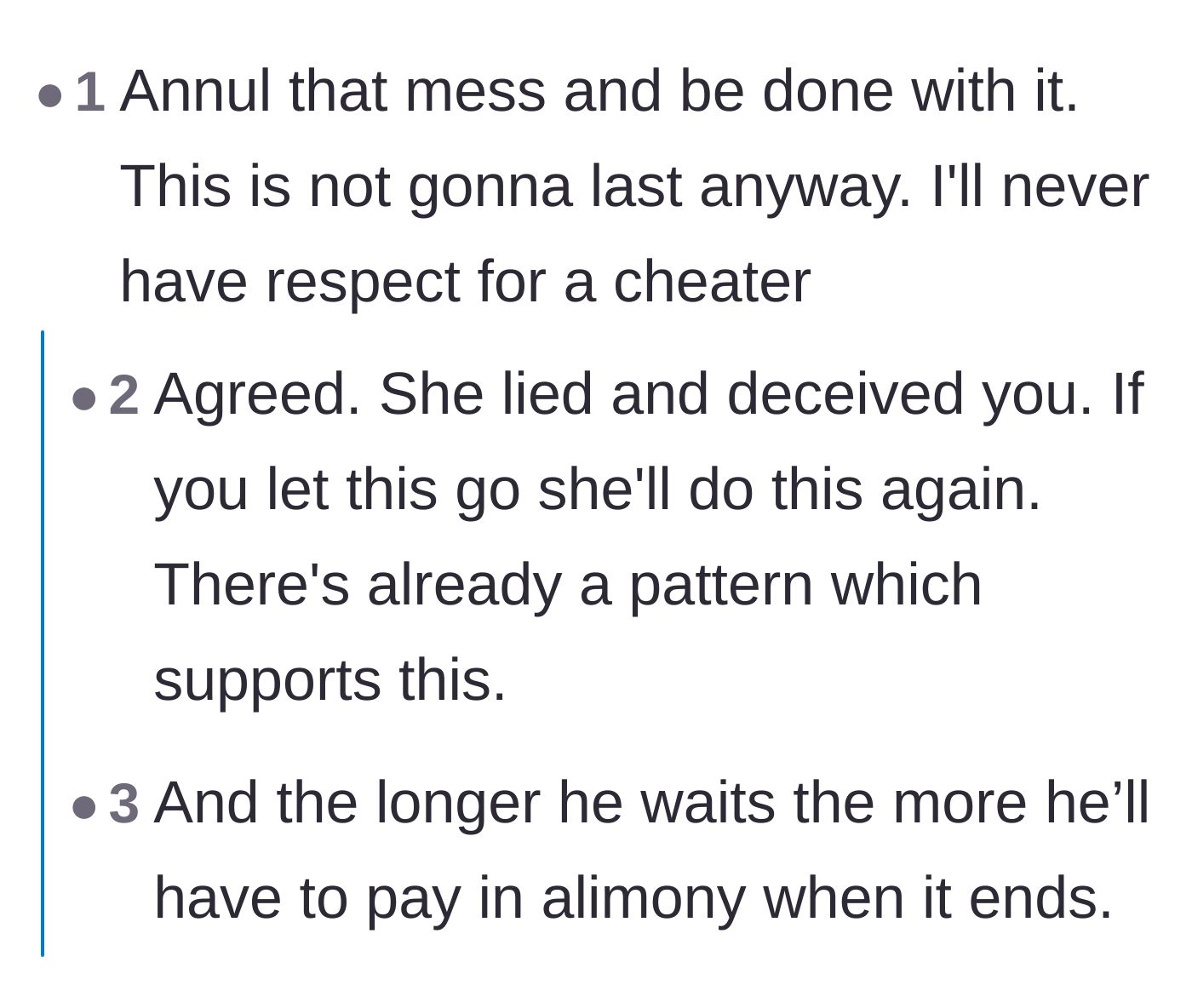 Comment thread 3 - Advice urging the husband to seek an annulment immediately to avoid future financial and emotional ruin.