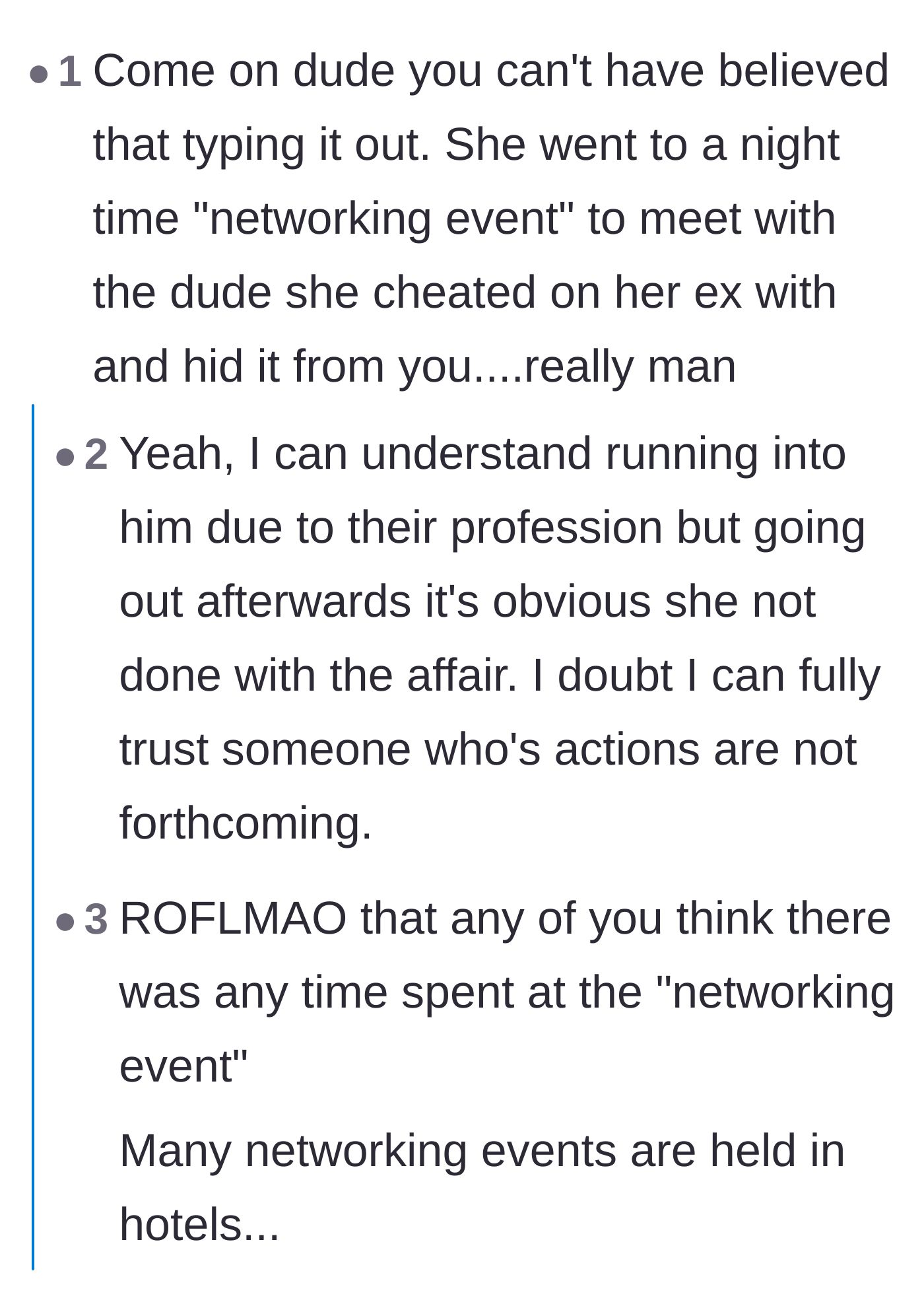 Comment thread 5 - Skepticism about the true nature of evening networking events held at hotels with former affair partners.