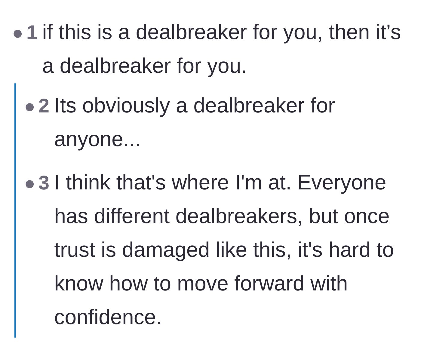 Comment thread 6 - A conversation validating that a broken foundation of trust is a perfectly logical dealbreaker.